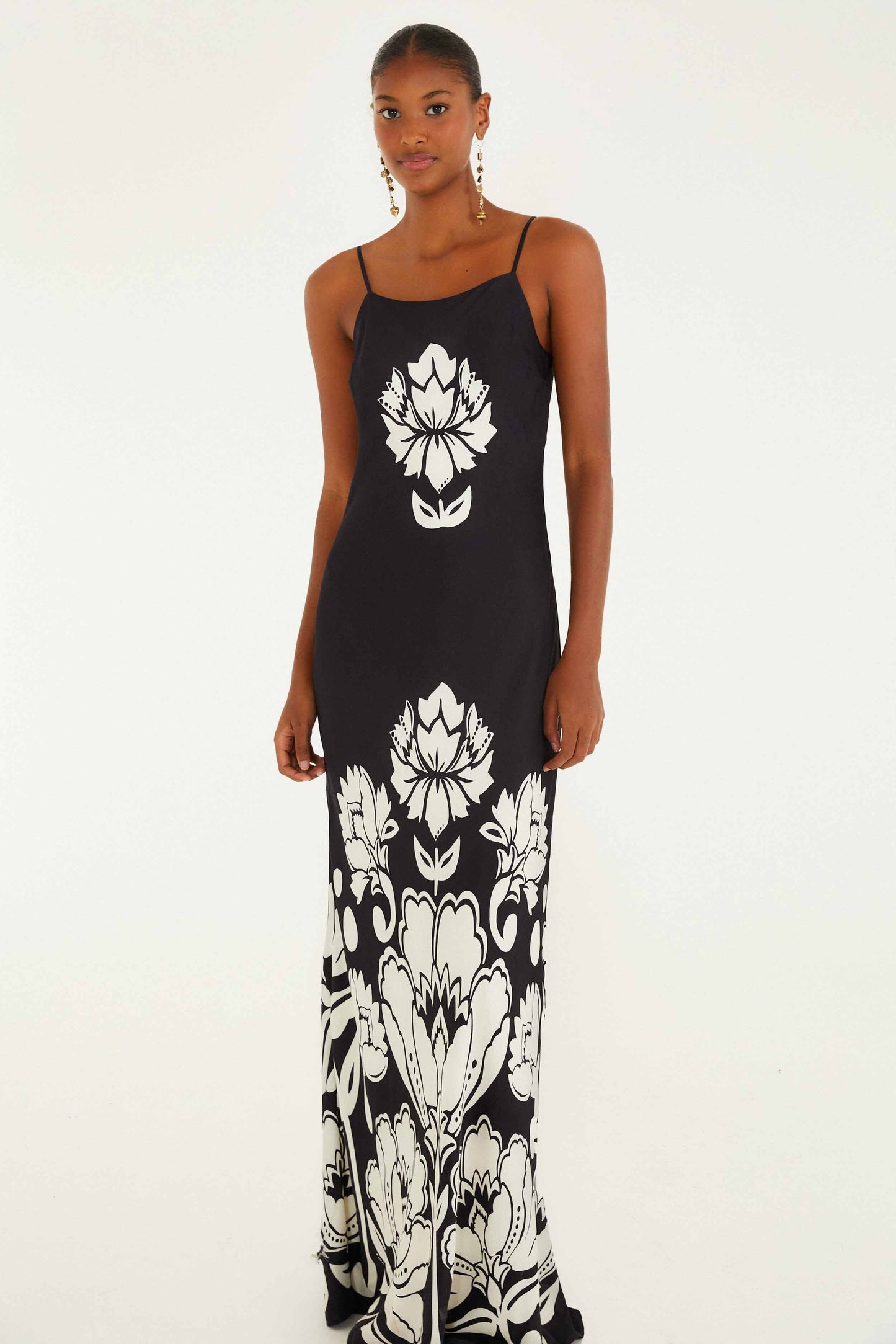 FARM Rio model wearing the Black & White Floral Arabesque Slip Lenzing� Ecovero� Viscose Maxi Dress