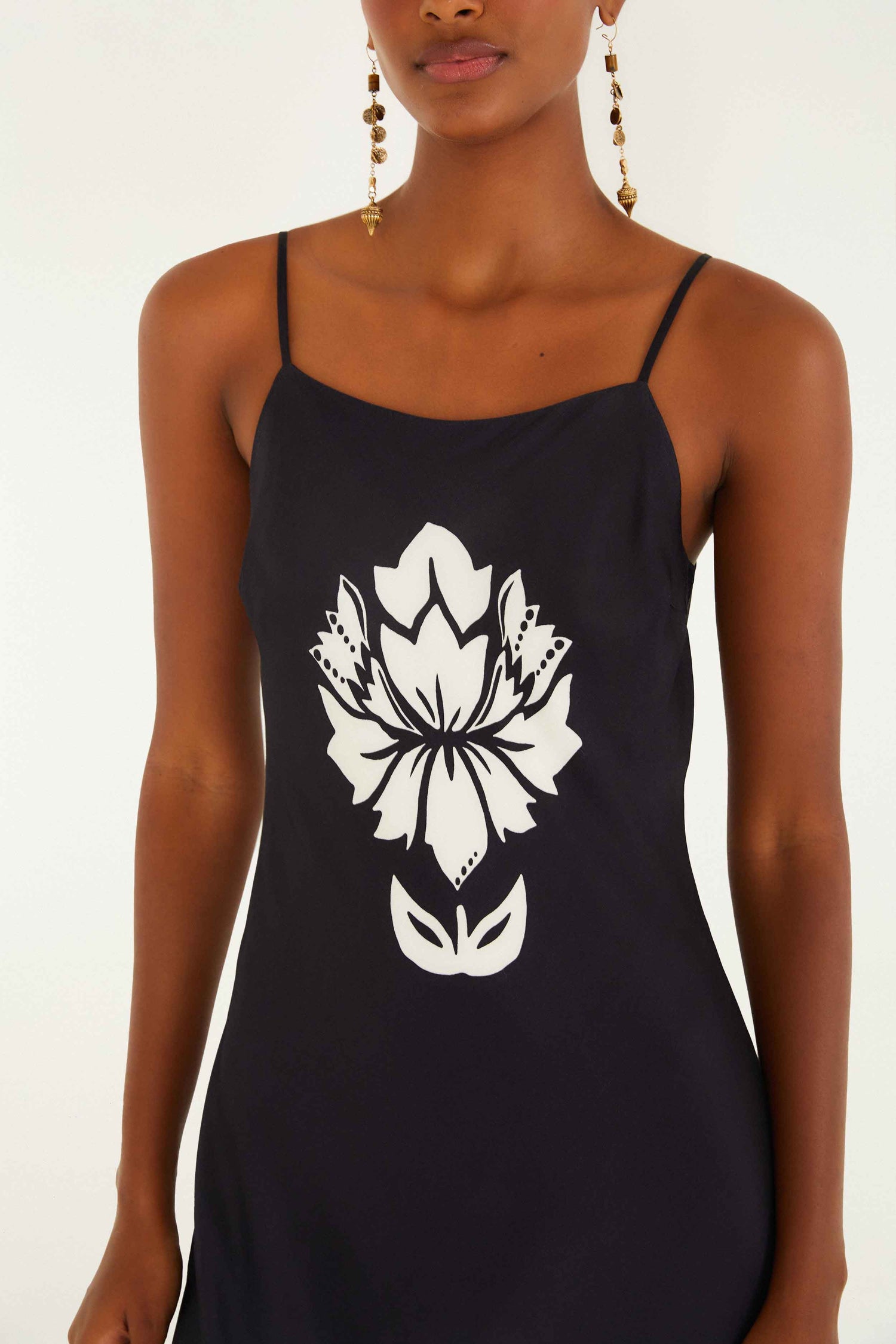 FARM Rio model wearing the Black & White Floral Arabesque Slip Lenzing� Ecovero� Viscose Maxi Dress