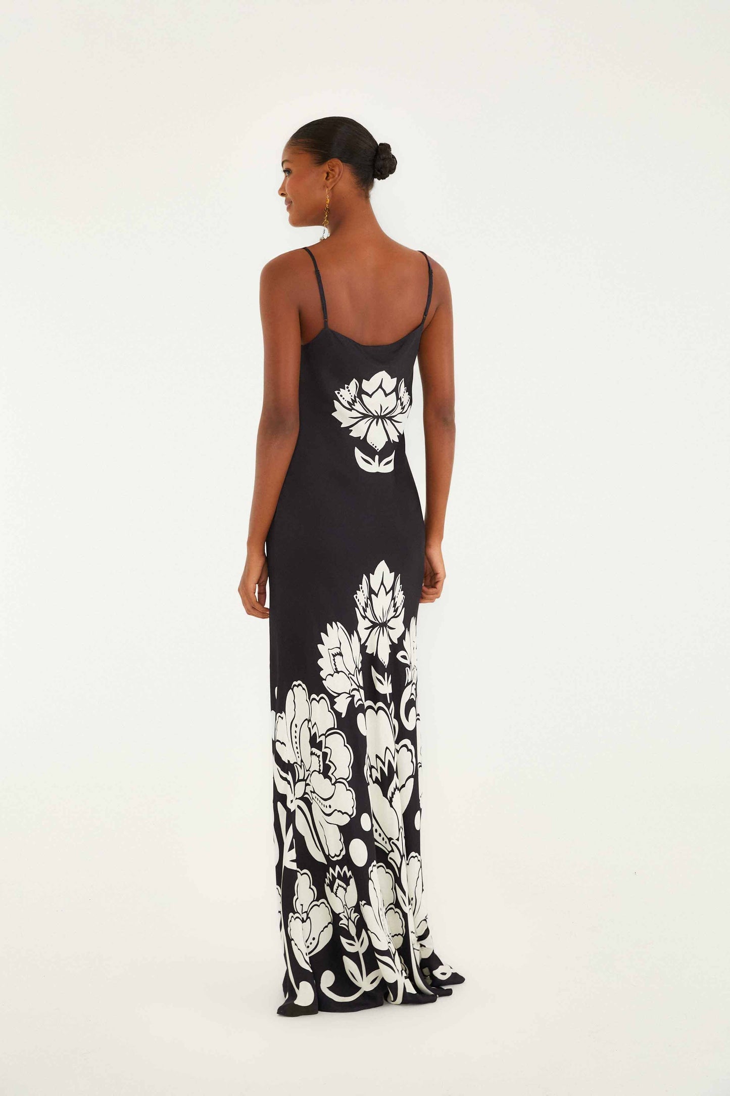 FARM Rio model wearing the Black & White Floral Arabesque Slip Lenzing� Ecovero� Viscose Maxi Dress