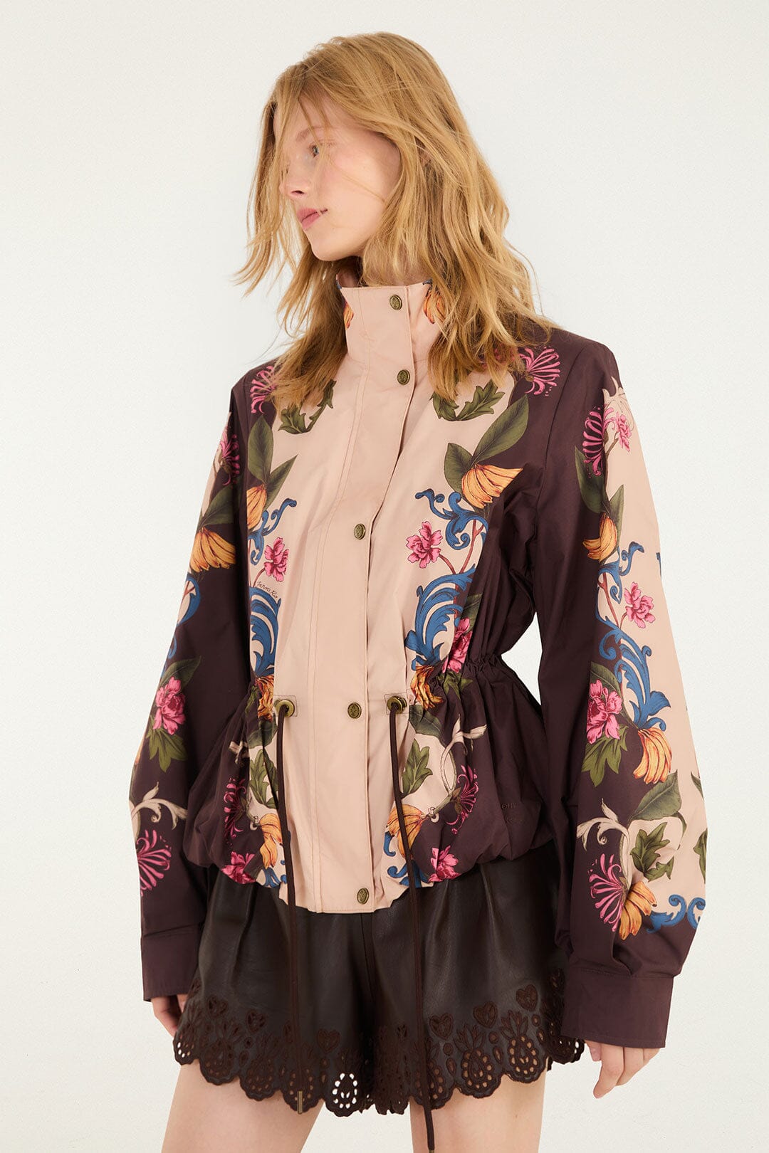 FARM Rio model wearing the Bloom In Between Drawstring Raincoat