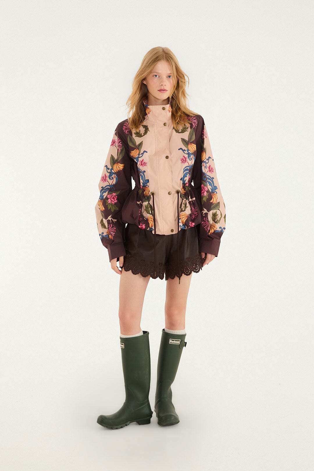 FARM Rio model wearing the Bloom In Between Drawstring Raincoat
