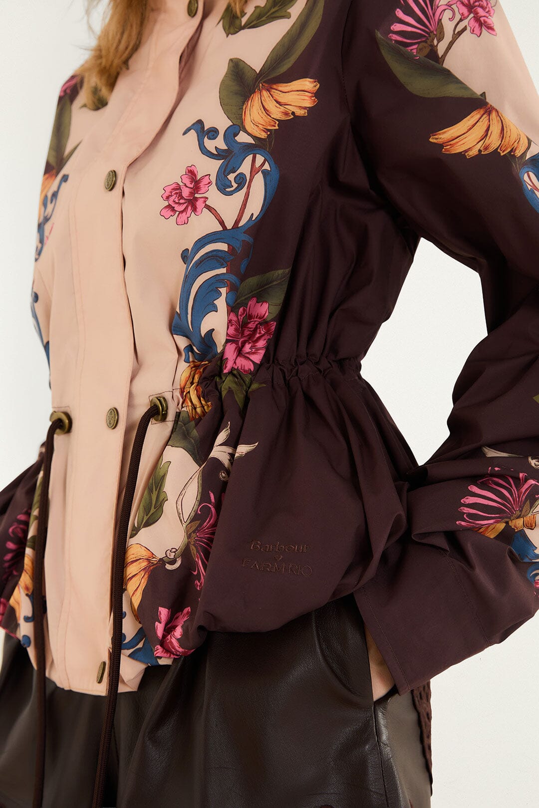 FARM Rio model wearing the Bloom In Between Drawstring Raincoat