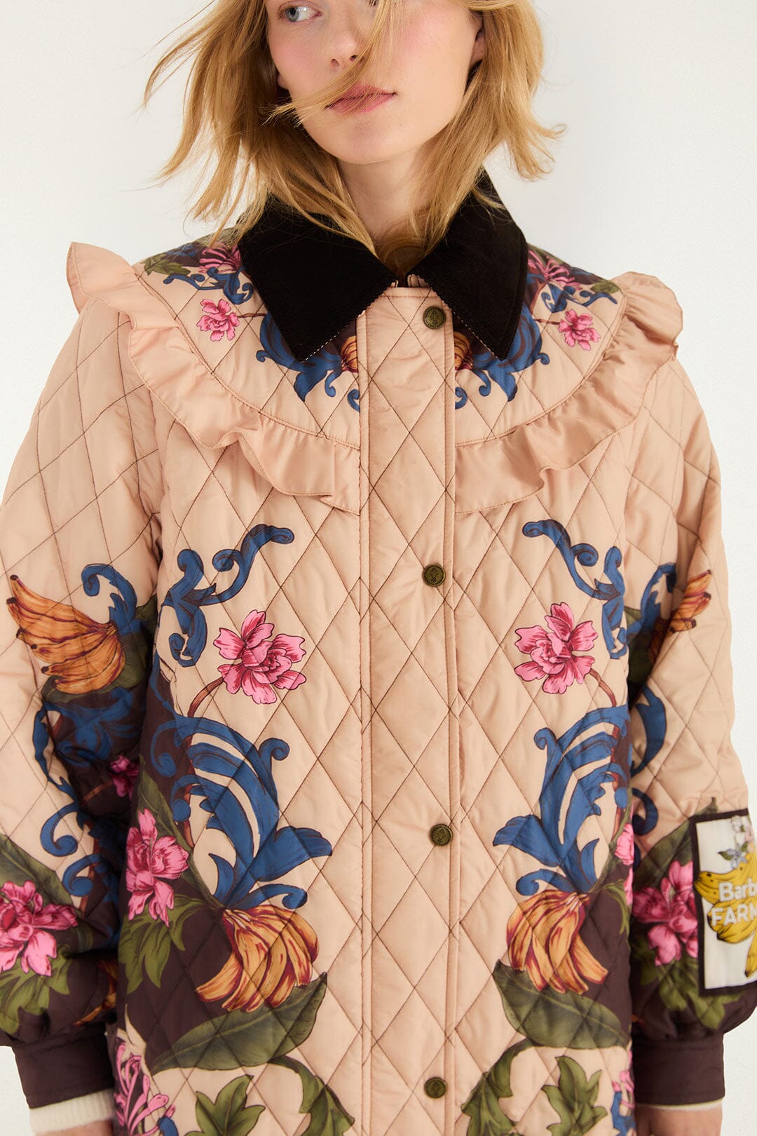 FARM Rio model wearing the Bloom In Between Quilted Midi Coat