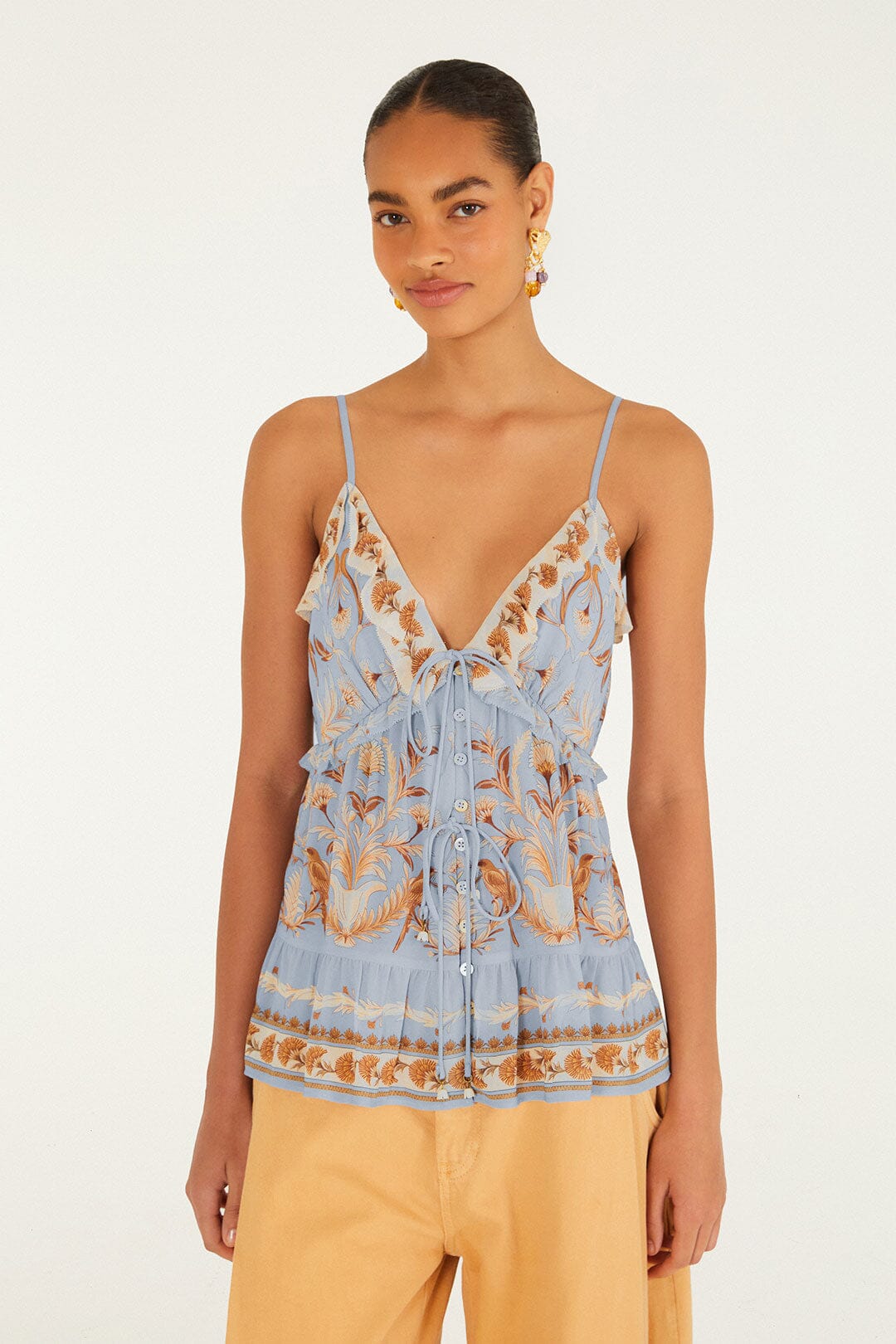 FARM Rio model wearing the Blooming Garden Blouse