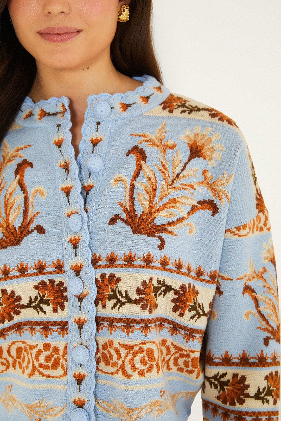 FARM Rio model wearing the Blooming Garden Knit Cardigan