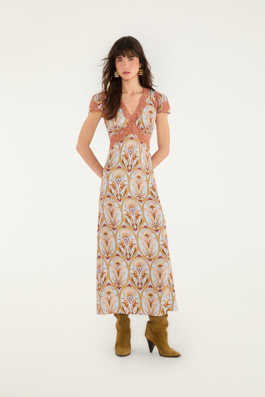 FARM Rio model wearing the Blooming Garden Short Sleeve Midi Dress