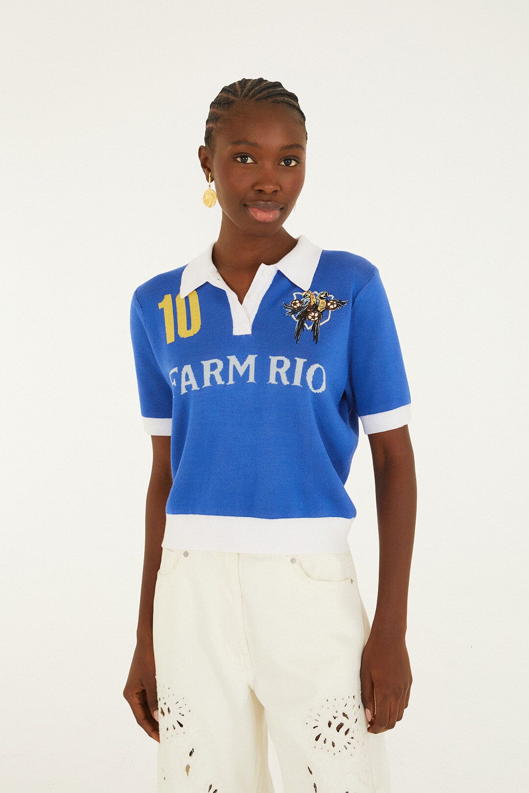 FARM Rio model wearing the Blue And White Copa Short Sleeve Knit Polo Shirt