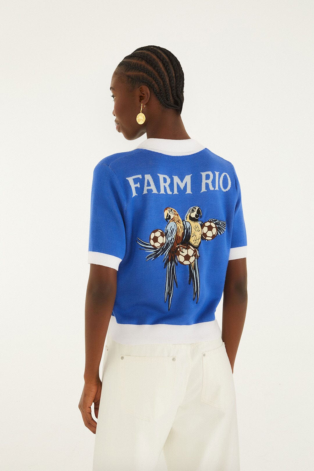FARM Rio model wearing the Blue And White Copa Short Sleeve Knit Polo Shirt