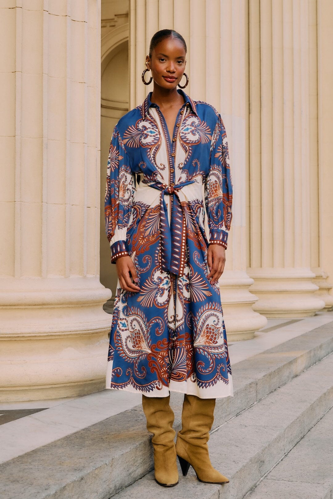 FARM Rio model wearing the Blue Arabesque Scarf Lenzing� Ecovero� Viscose Midi Dress