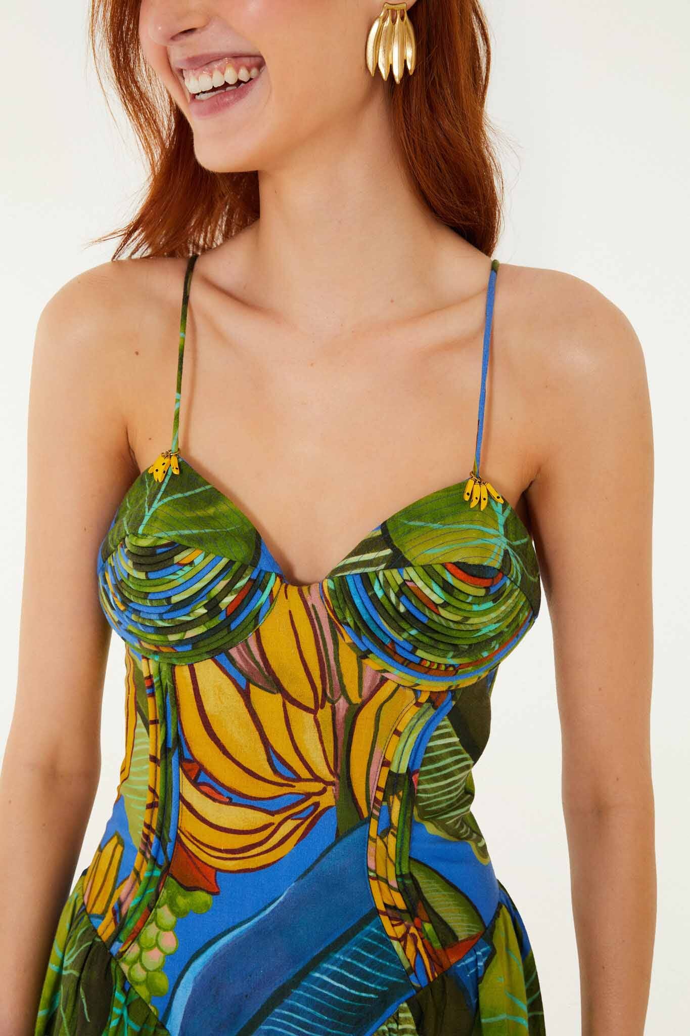 farm rio banana maxi dress Blue Banana Grapes 3d Bodice Sleeveless Maxi Dress