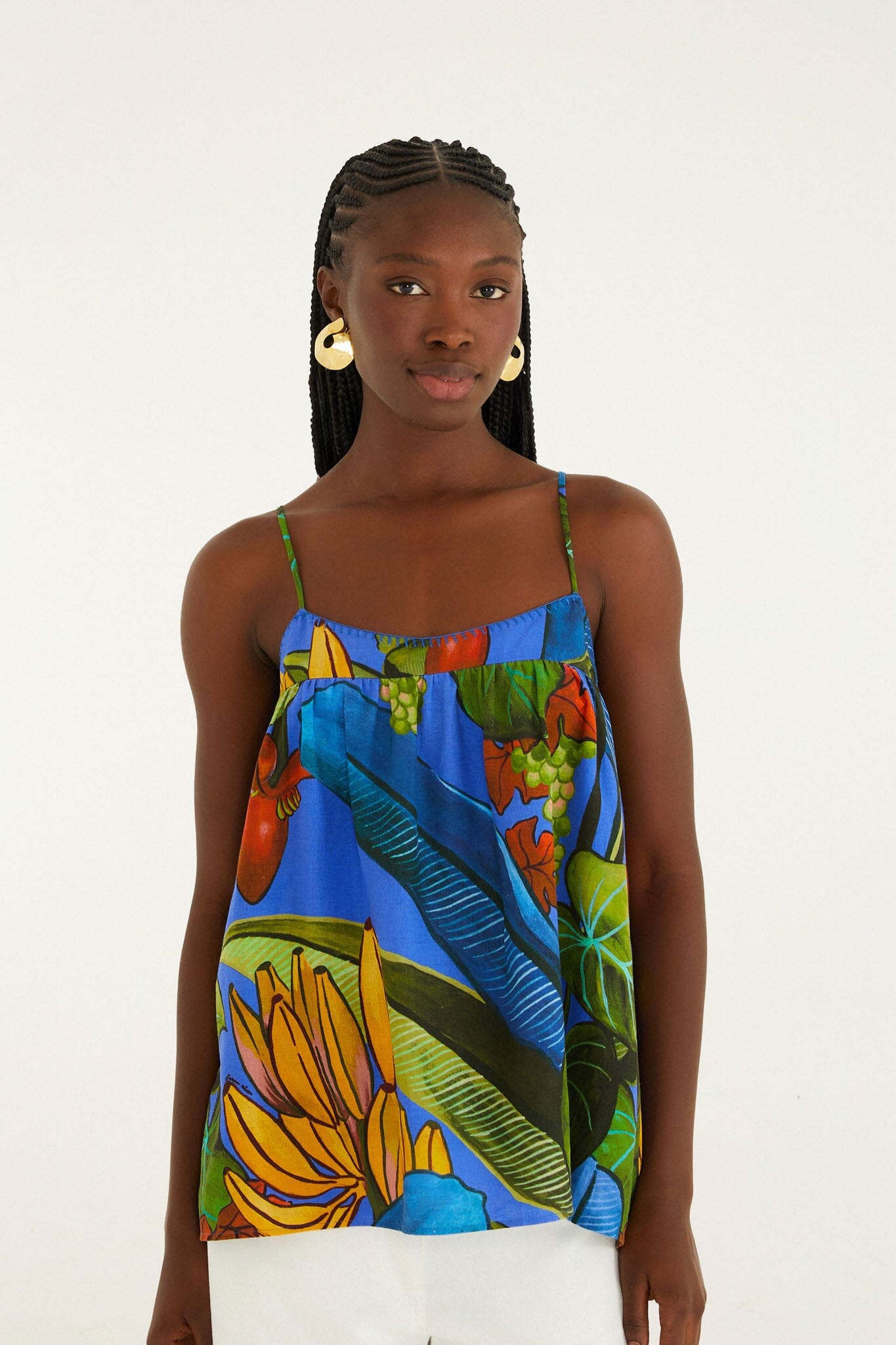 FARM Rio model wearing the Blue Banana Grapes Lenzing Ecovero Euroflax Blouse