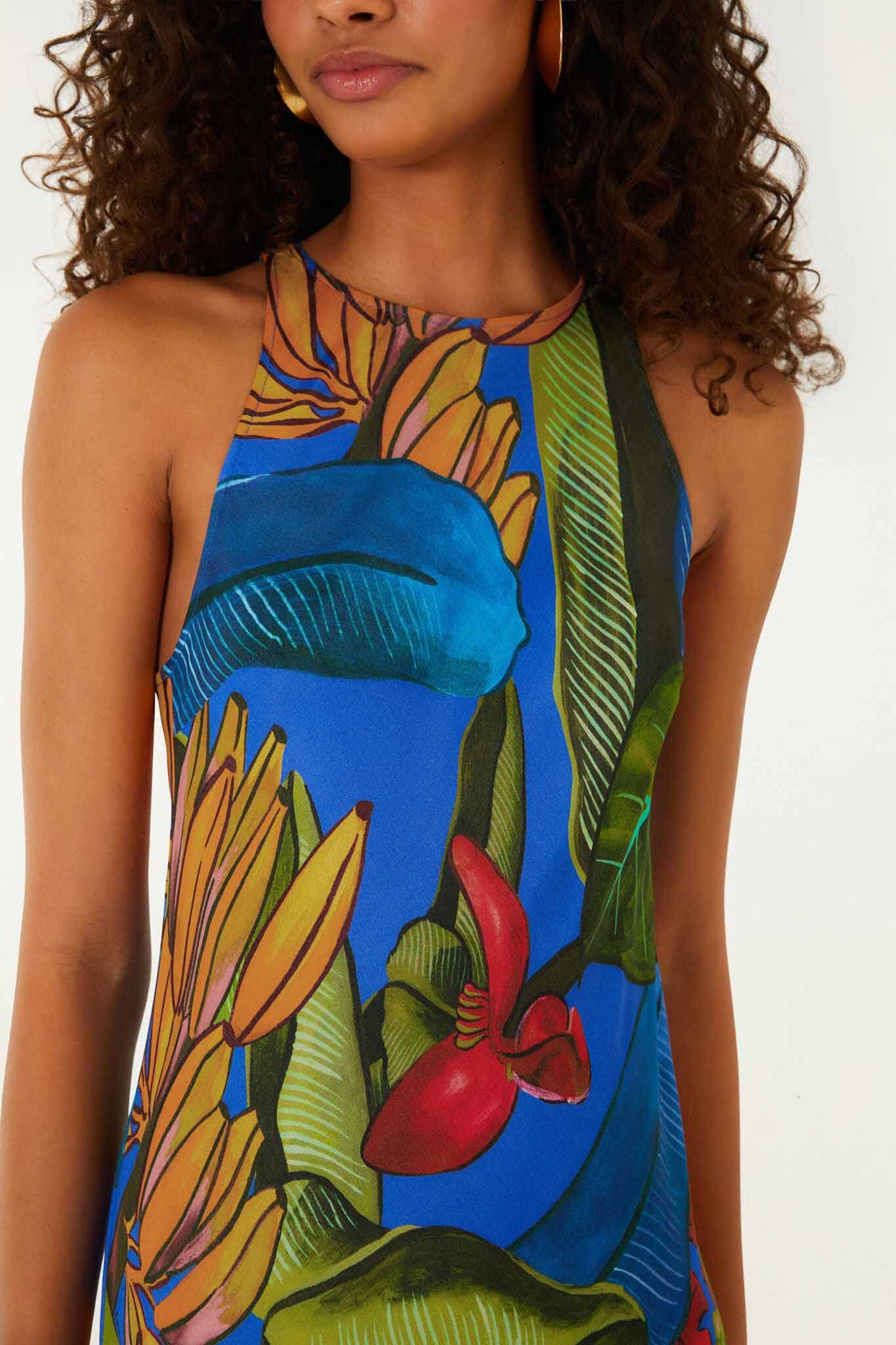 FARM Rio model wearing the Blue Banana Grapes Sleeveless Lenzing Ecovero Maxi Dress
