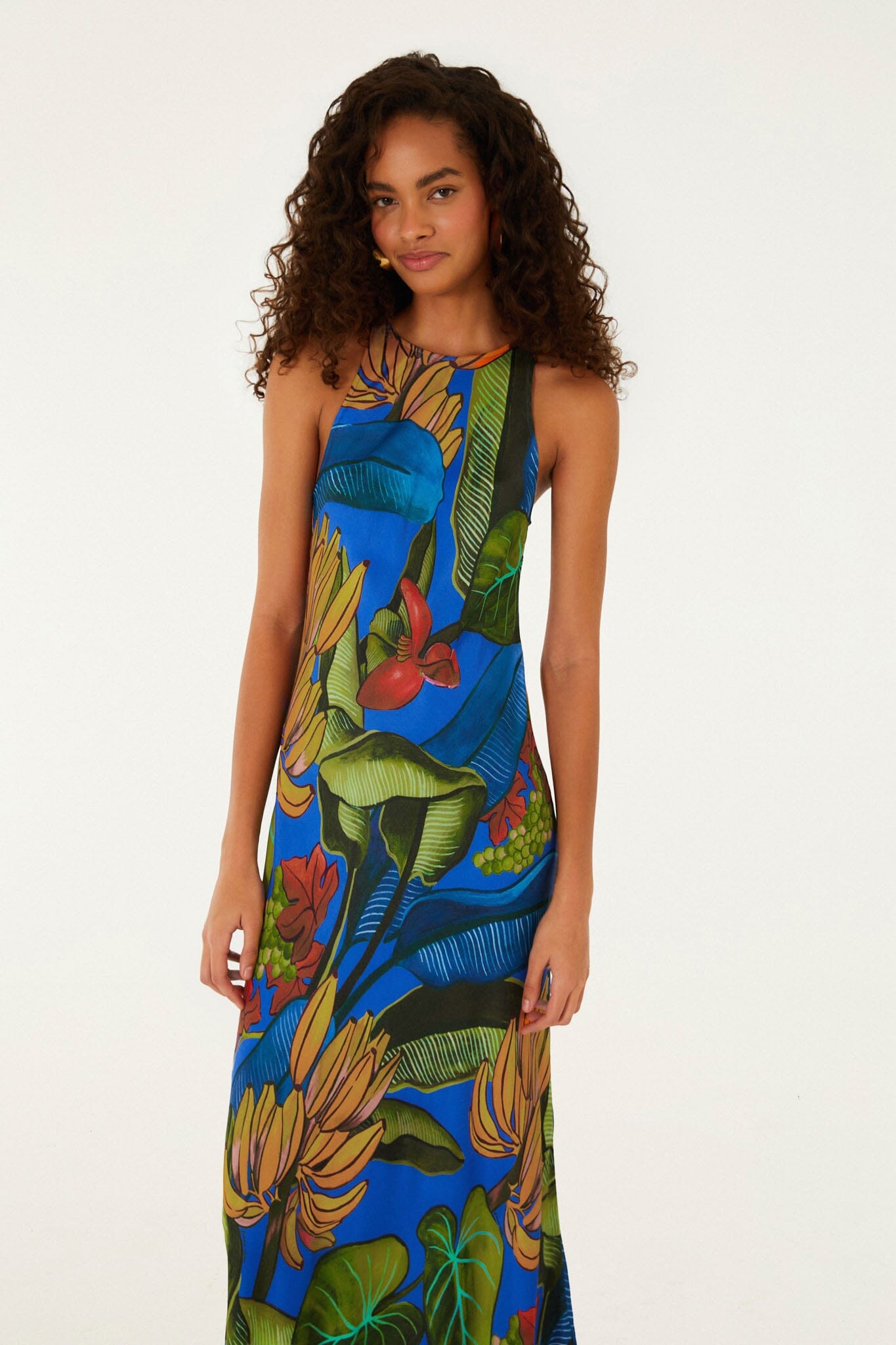 FARM Rio model wearing the Blue Banana Grapes Sleeveless Lenzing Ecovero Maxi Dress