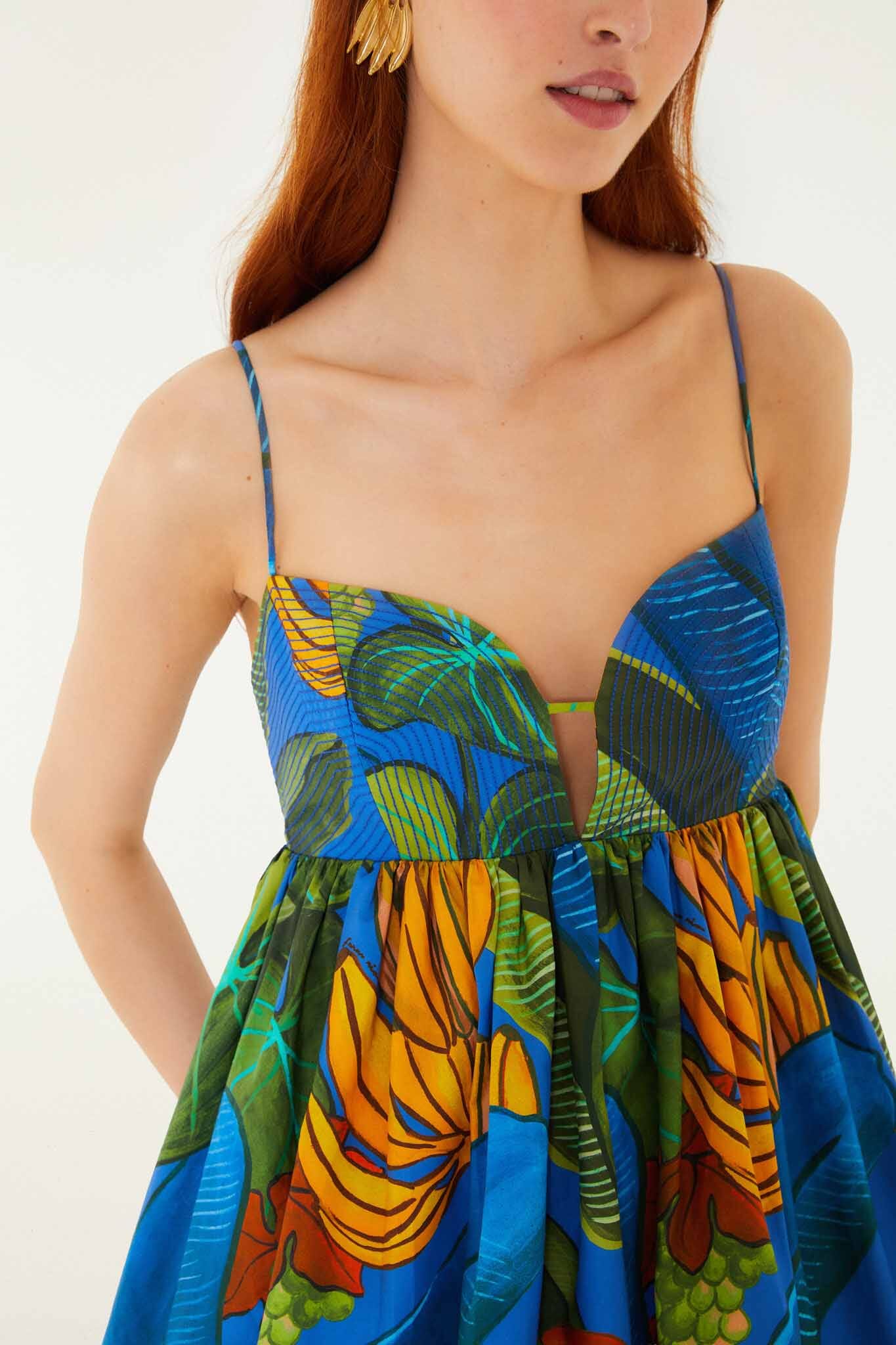 FARM Rio Blue Banana Grapes Sleeveless Organic Cotton Mini Dress, Banana Grapes Blue / XS FARM Rio Blue Banana Grapes Sleeveless Organic Cotton Mini Dress, Banana Grapes Blue / XS