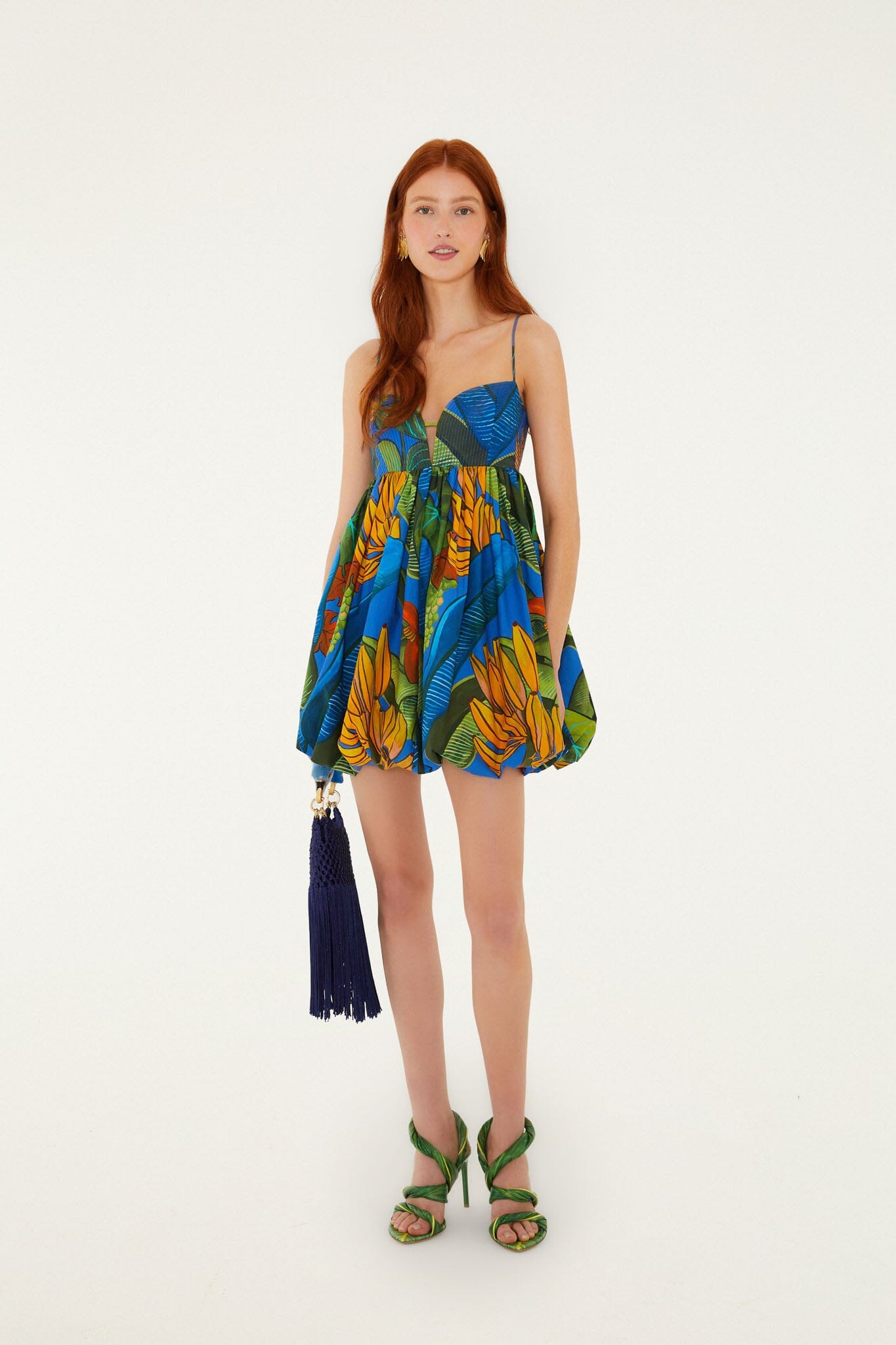 FARM Rio model wearing the Blue Banana Grapes Sleeveless Organic Cotton Mini Dress