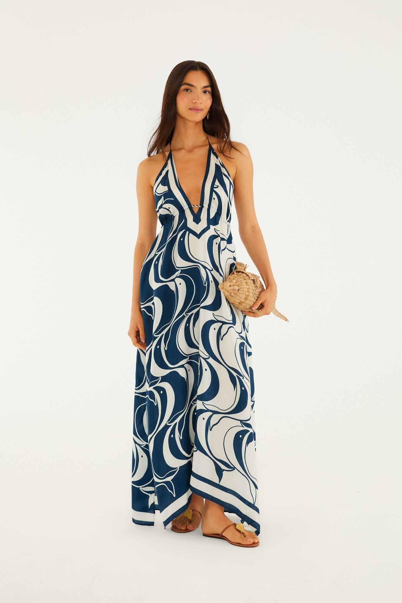 FARM Rio Blue Plunging Neck Maxi Dress, PEIXE COPA / XL FARM Rio Blue Plunging Neck Maxi Dress, PEIXE COPA / XL