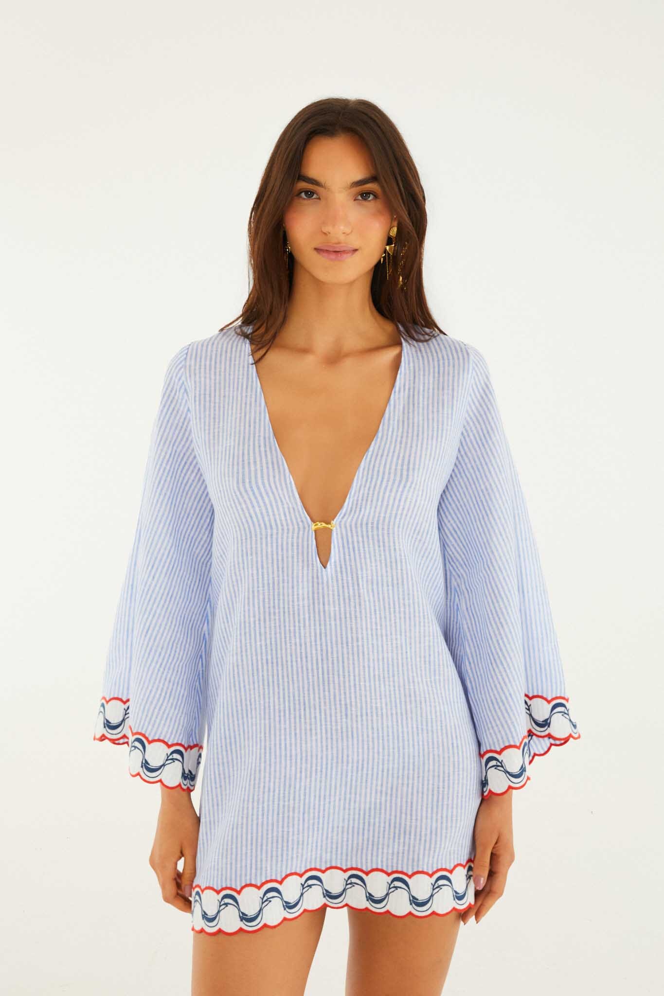 FARM Rio model wearing the Blue Stripes Embroidered Open Back Mini Dress
