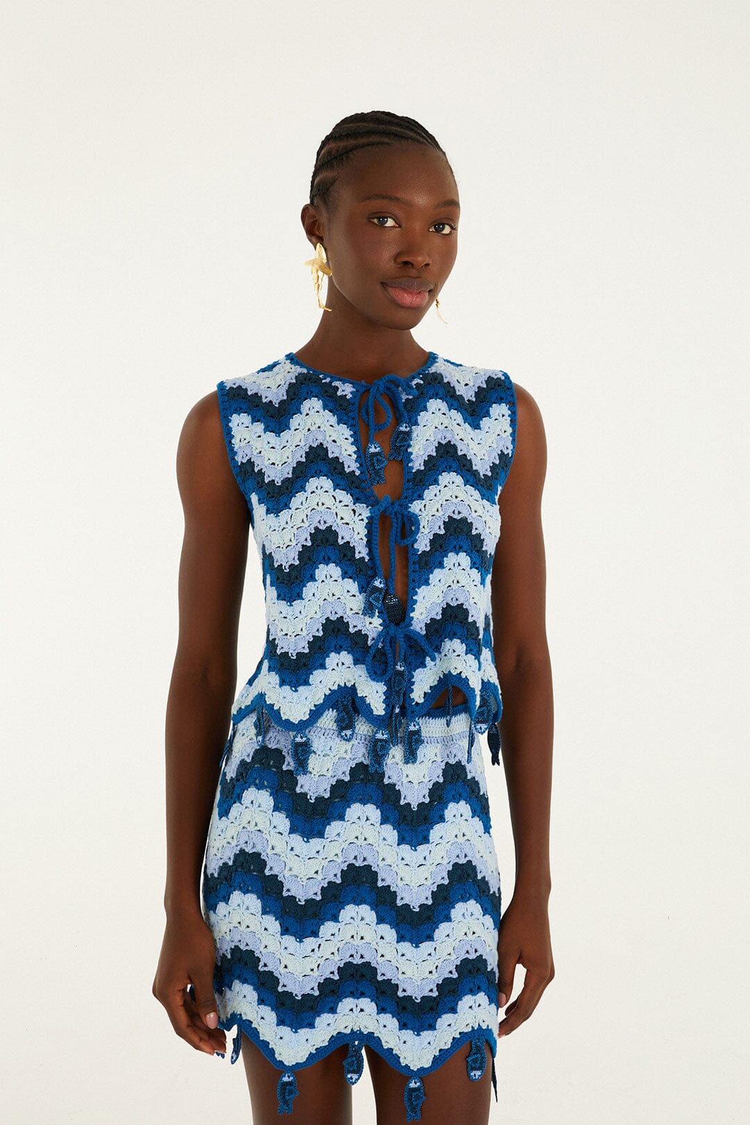 FARM Rio model wearing the Blue Waves Crochet Top