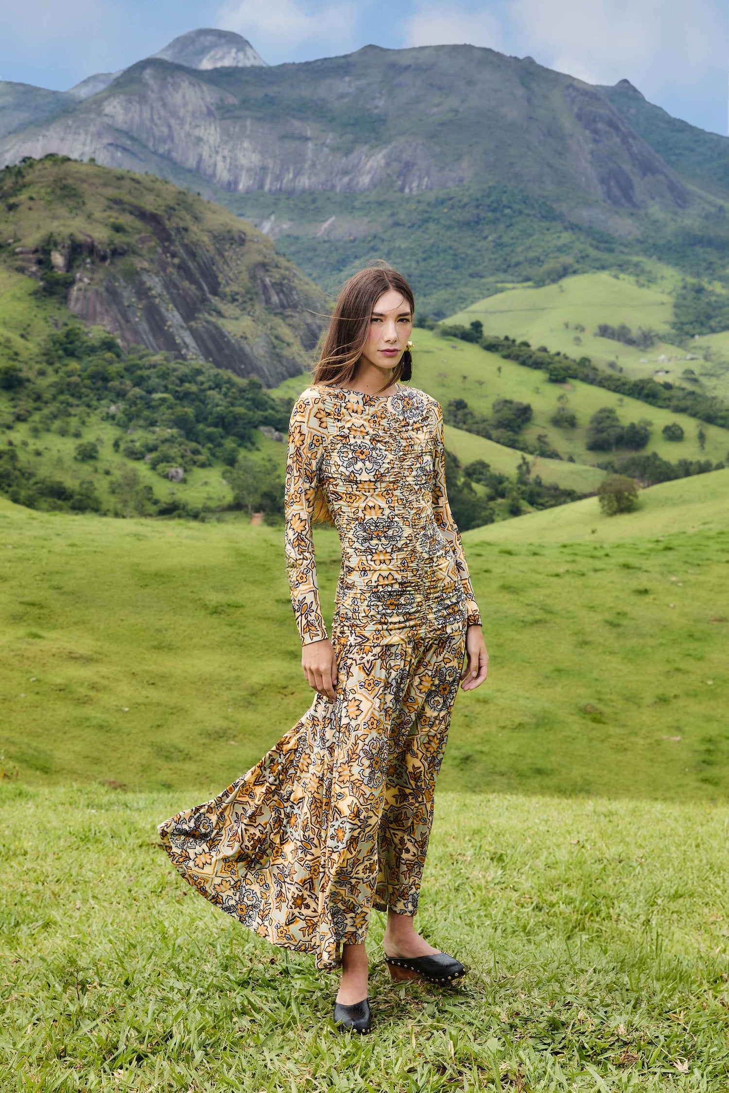 Blue Winter Tapestry Long Sleeve Maxi Dress FARM Rio