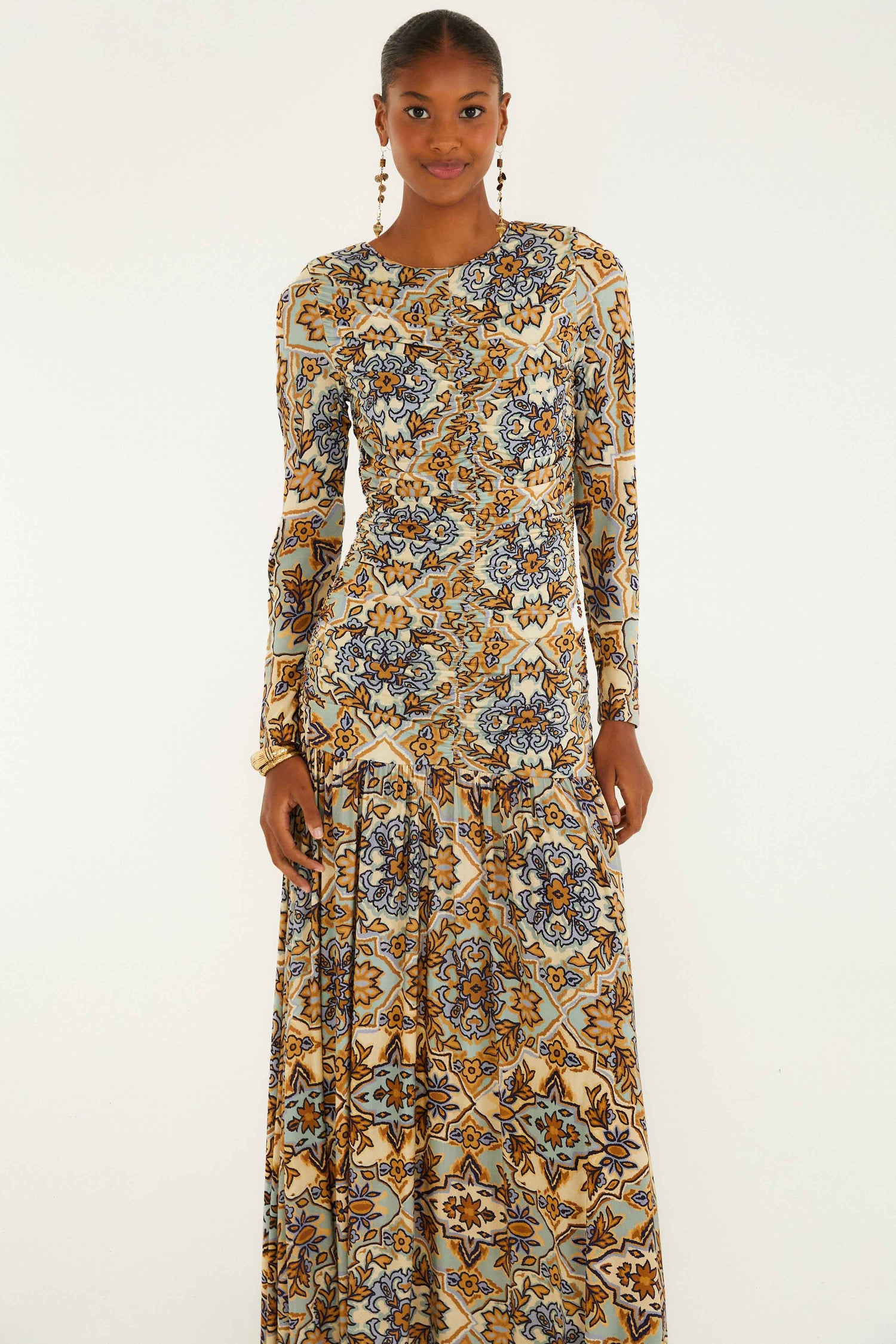Blue Winter Tapestry Long Sleeve Maxi Dress
