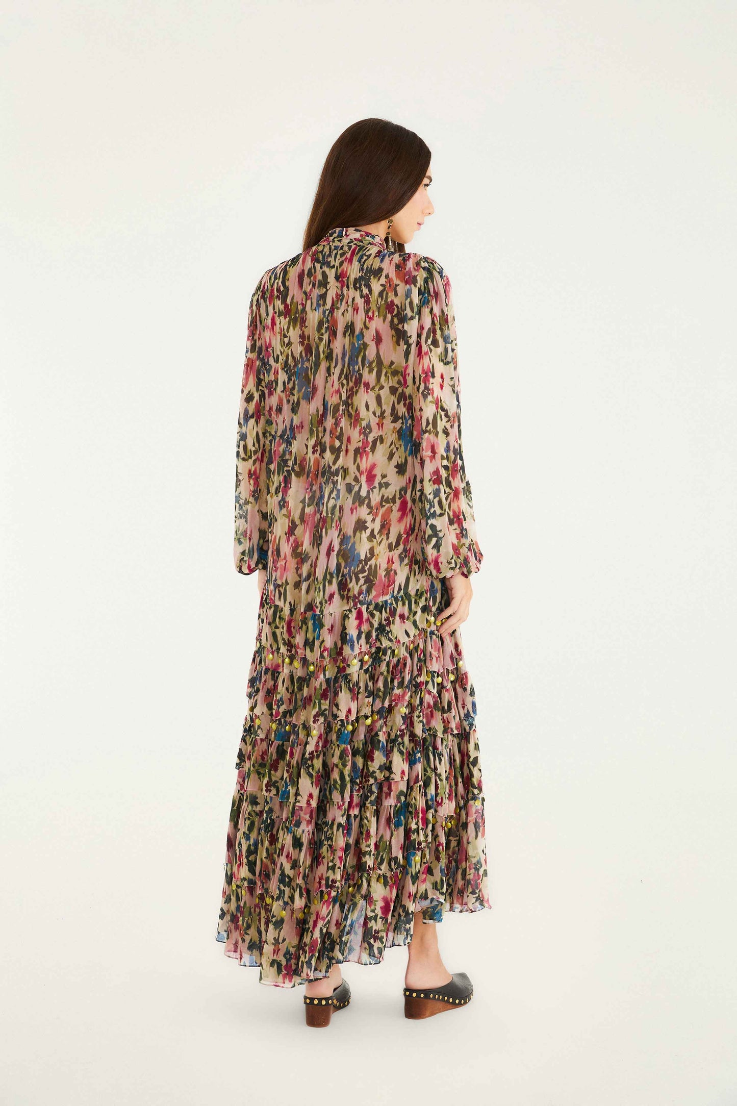 Pink Blurred Tiny Flowers Long Sleeve Maxi Dress