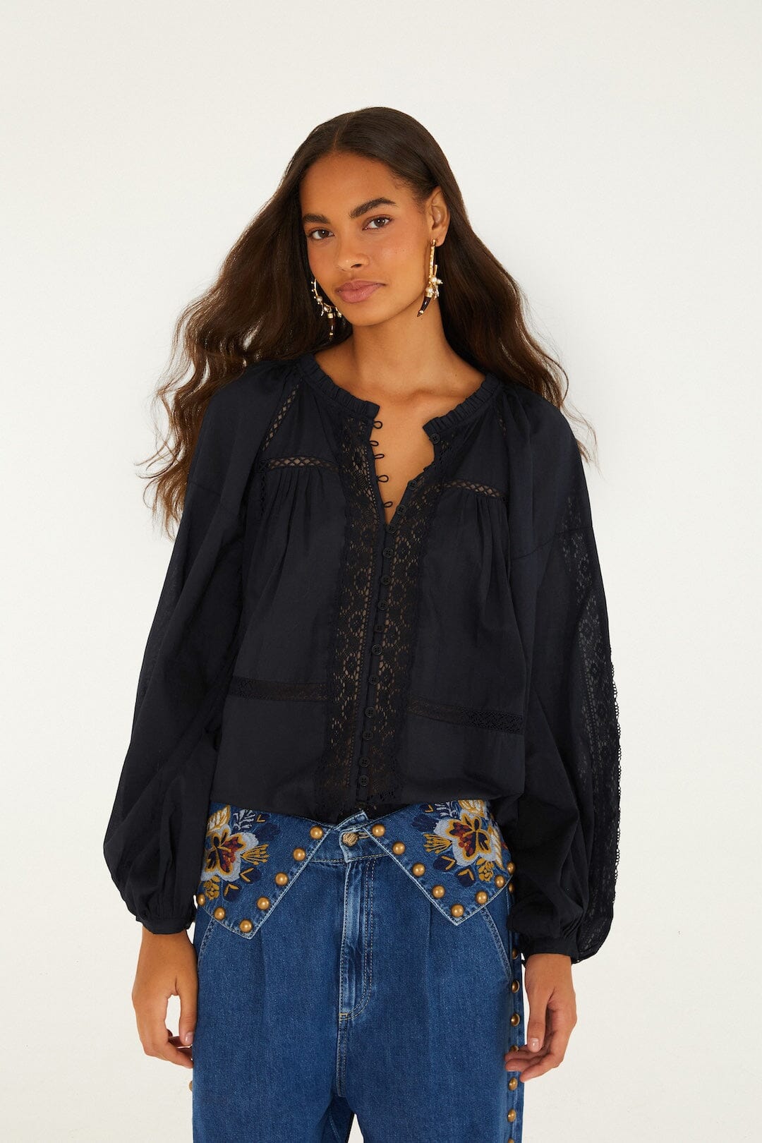 FARM Rio model wearing the Boho Lace Long Sleeve Blouse
