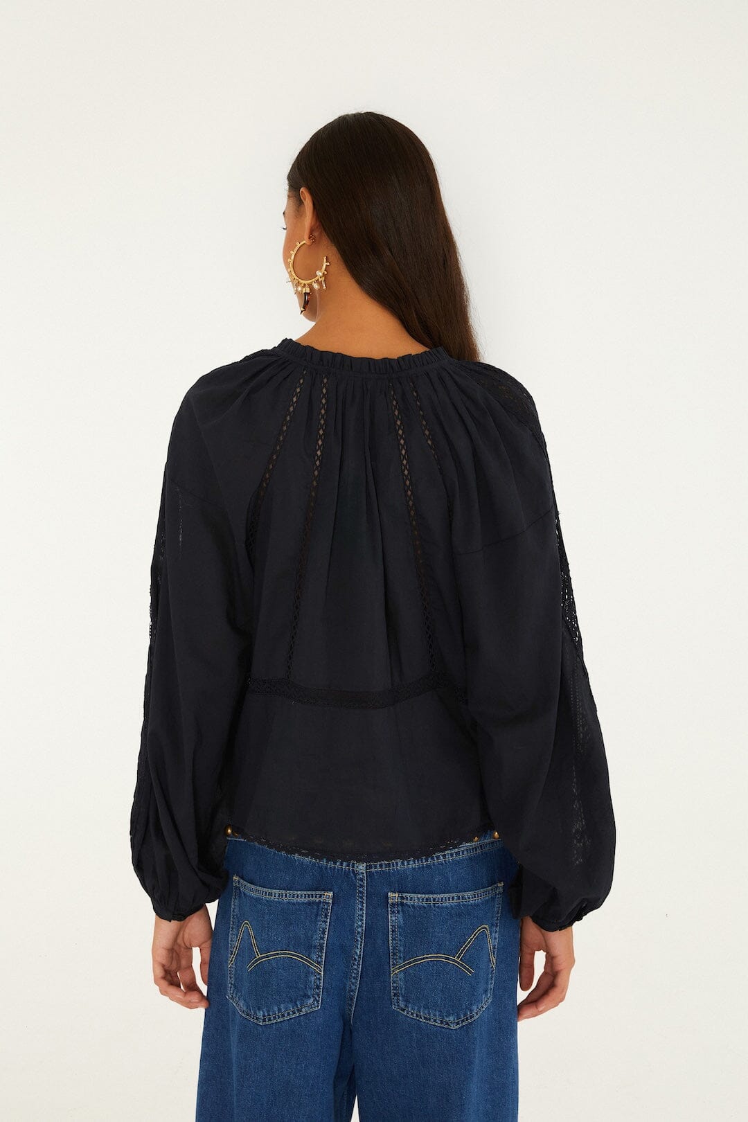 FARM Rio model wearing the Boho Lace Long Sleeve Blouse