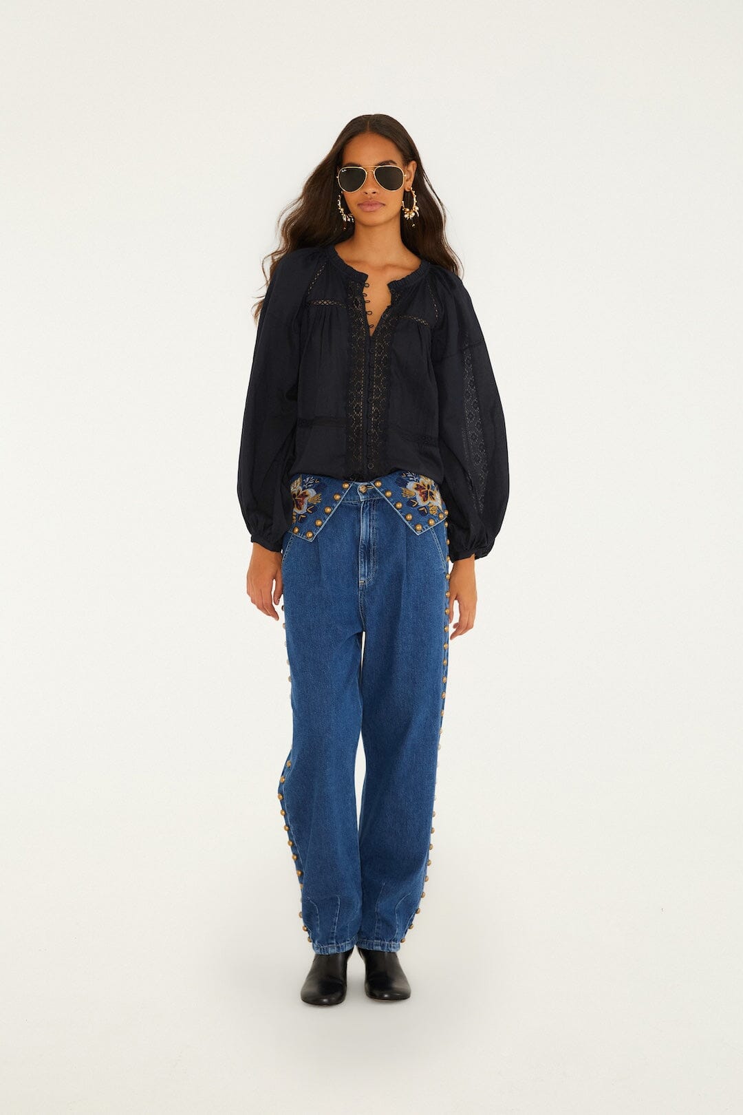 FARM Rio model wearing the Boho Lace Long Sleeve Blouse