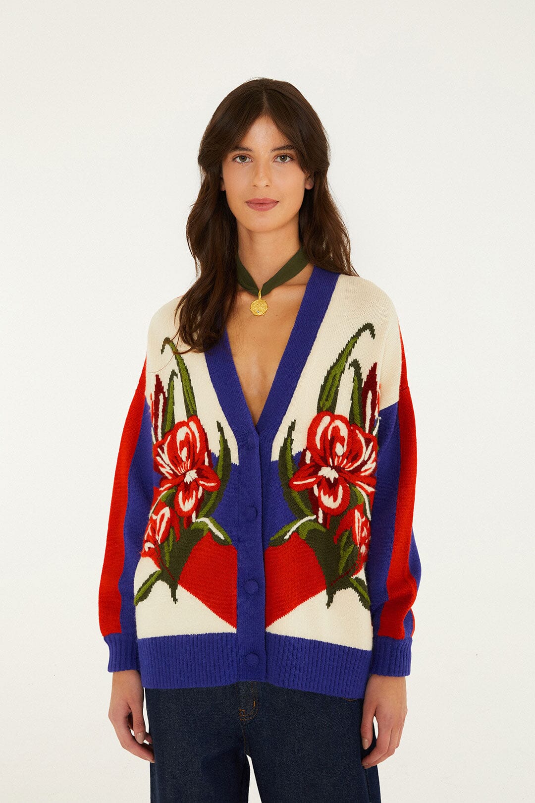 FARM Rio model wearing the Bold Stripe Flowers Buttoned Knit Cardigan