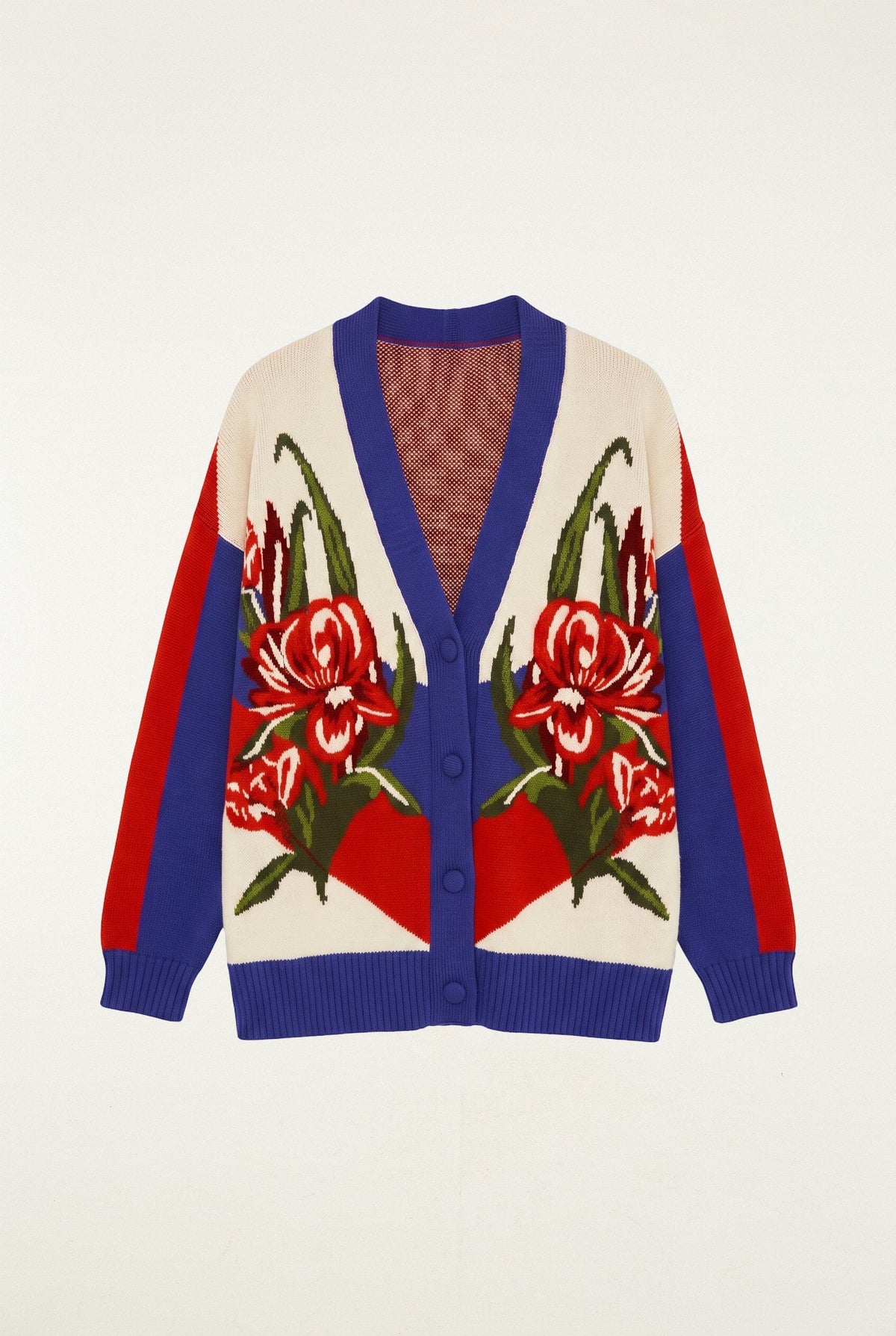 FARM Rio model wearing the Bold Stripe Flowers Buttoned Knit Cardigan