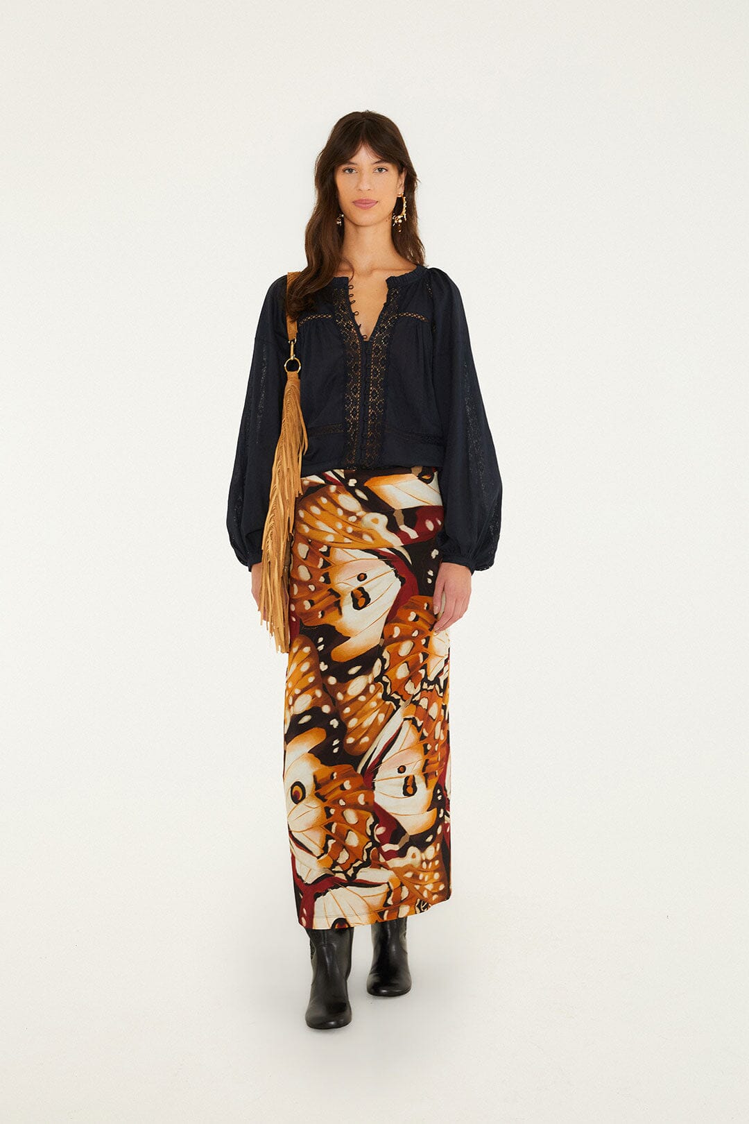 FARM Rio model wearing the Borbofly Jersey Midi Skirt