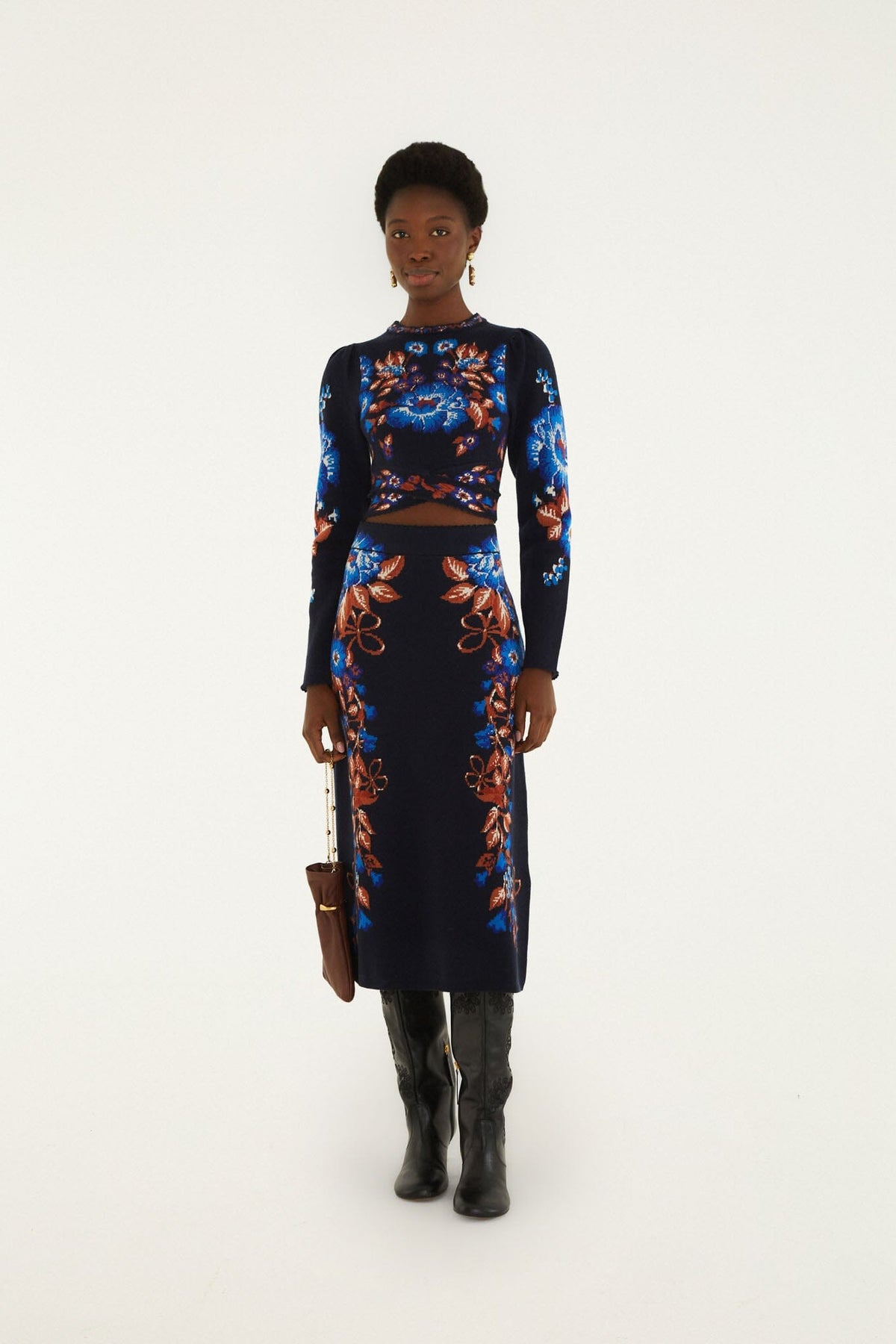 FARM Rio model wearing the Bow Garden Knit Midi Skirt