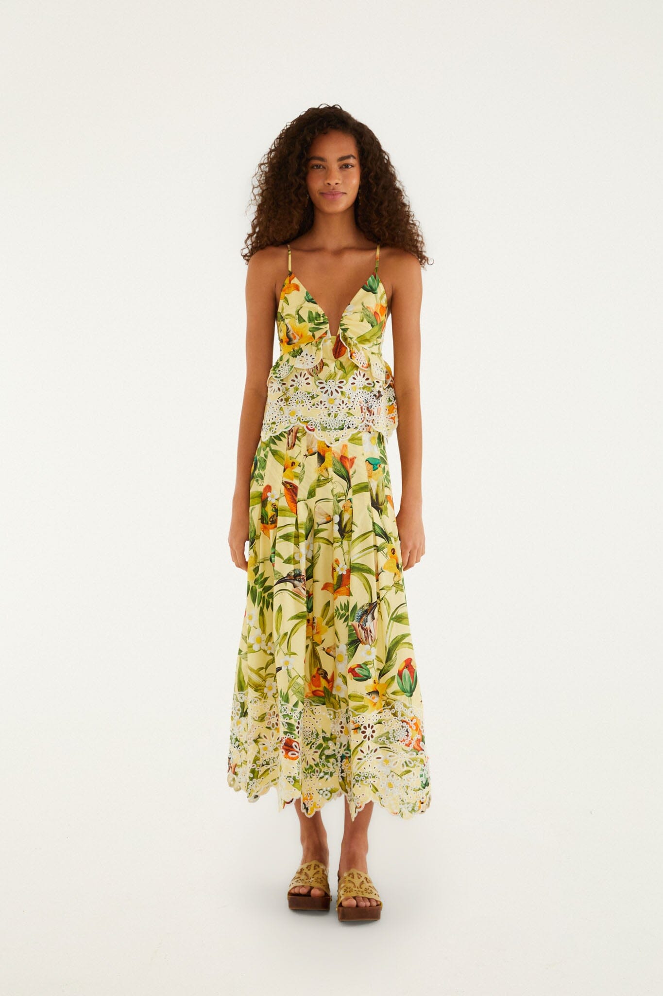 farm rio tropical collage midi dress Brasil Collage Soft Yellow Ruffles Sleeveless Blou