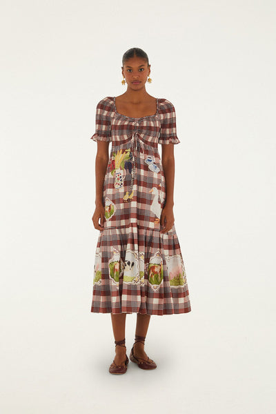 brown smocked dress Karma Smocked Midi Dress in Brown Stitch And Feather