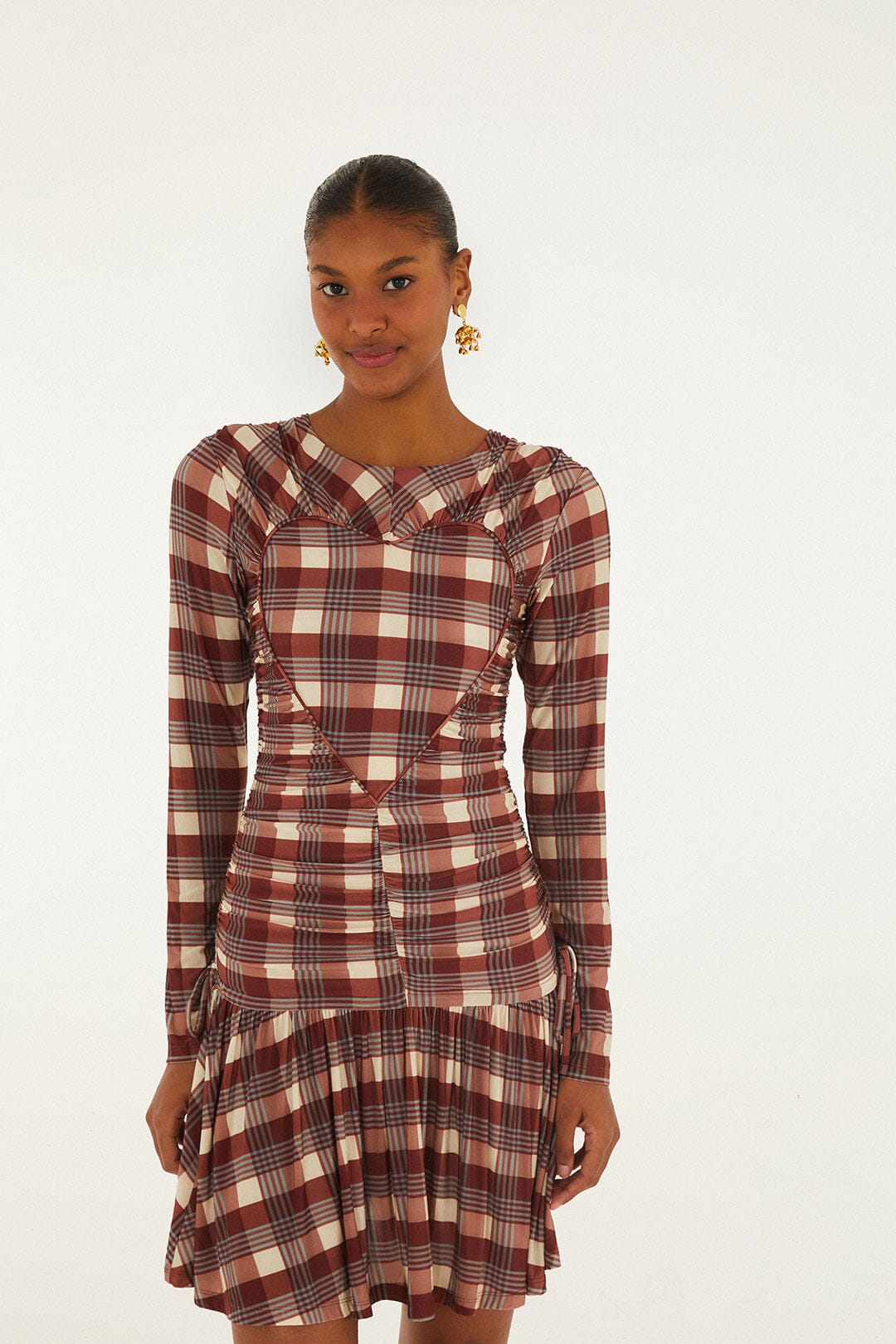 Brown Country Tartan Heart Ruched Mini Dress | FARM Rio
