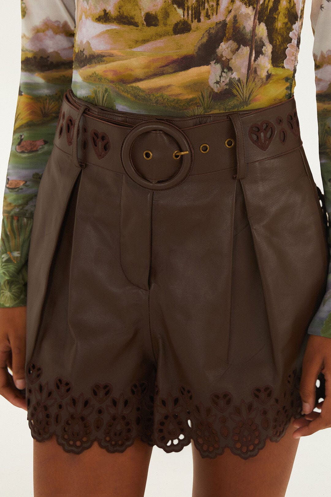 Brown Hearts Richelieu Belted Leather Shorts | FARM Rio