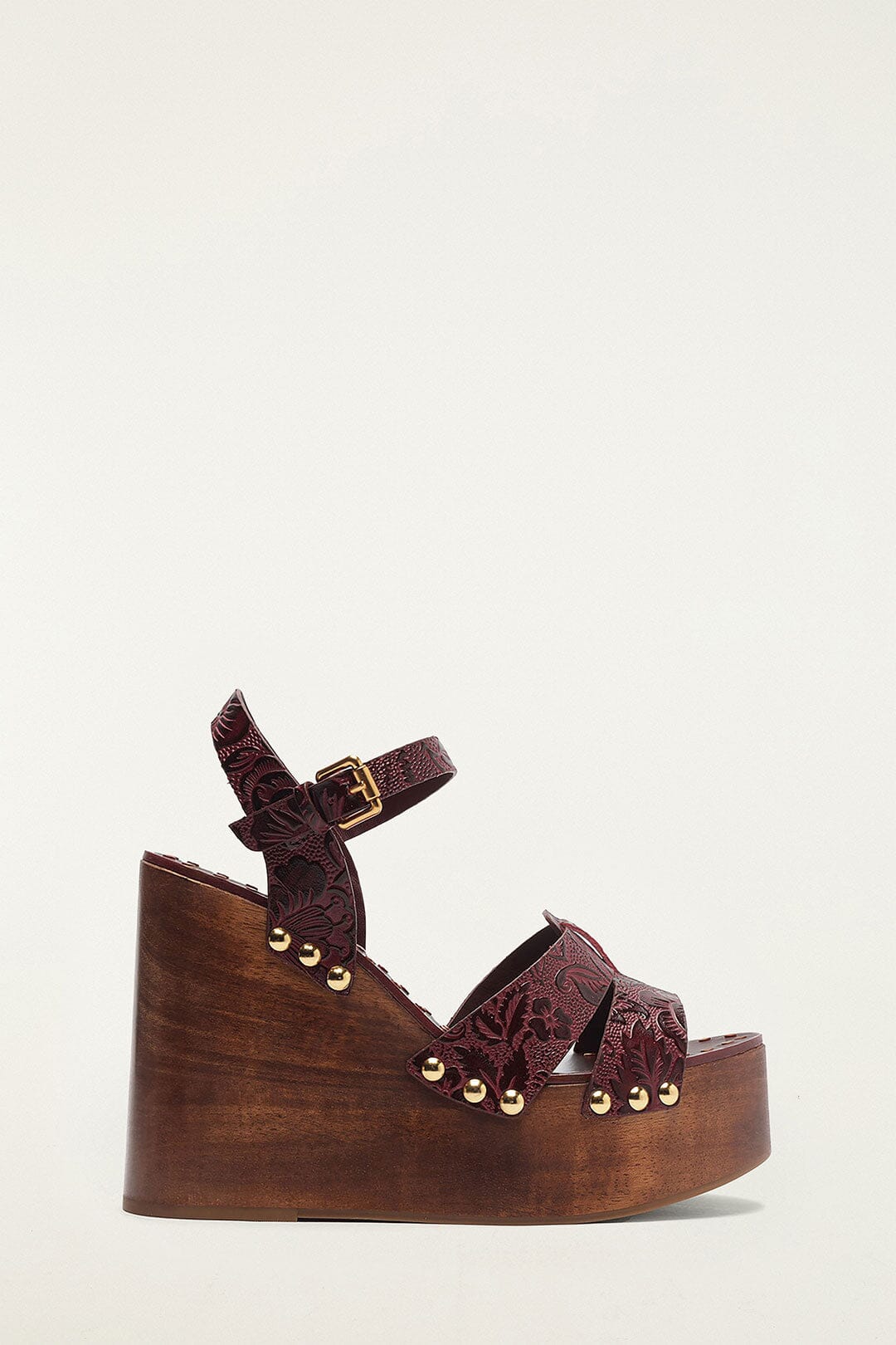 FARM Rio model wearing the Brown Studded Embossed Wedge Sandal