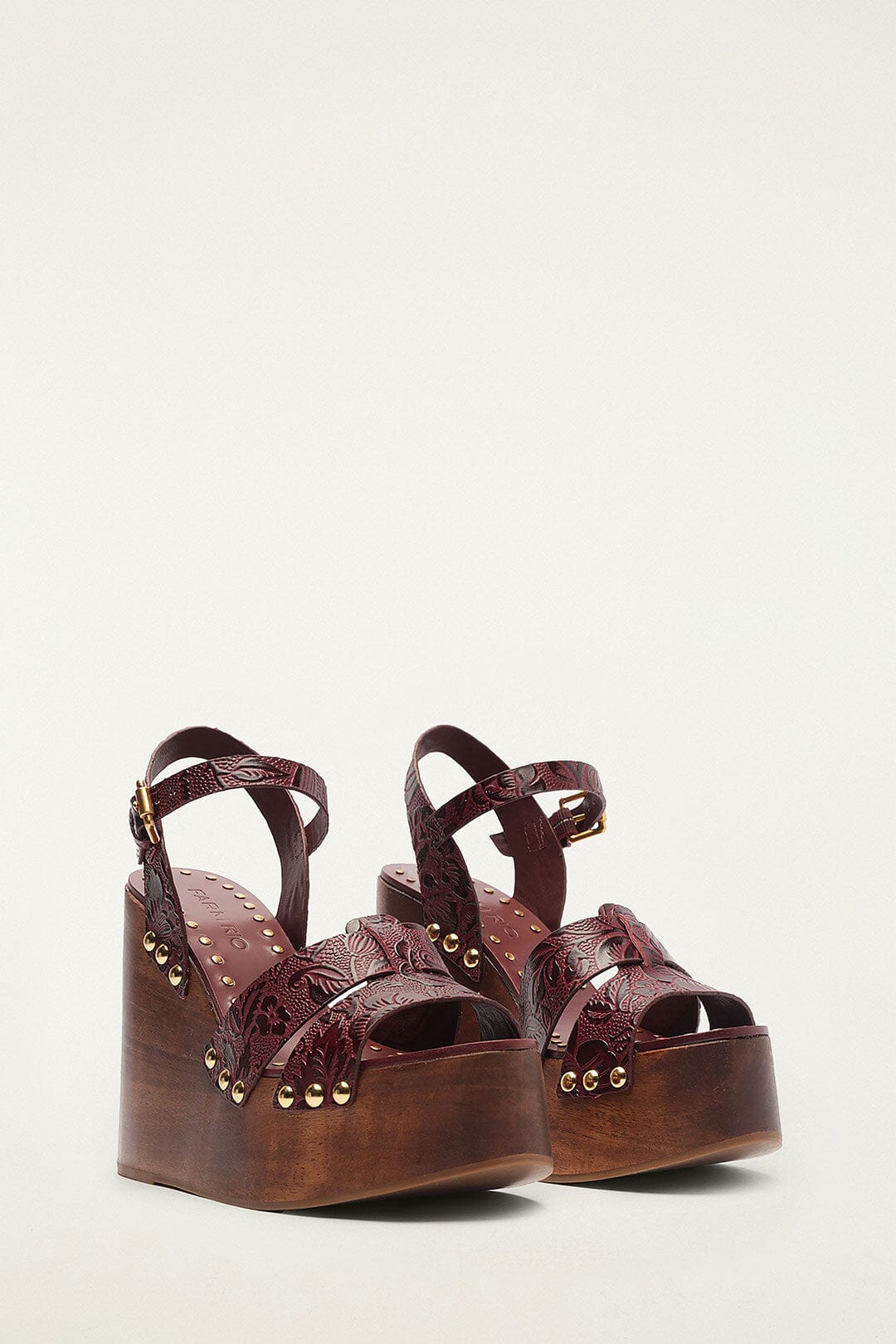 FARM Rio model wearing the Brown Studded Embossed Wedge Sandal