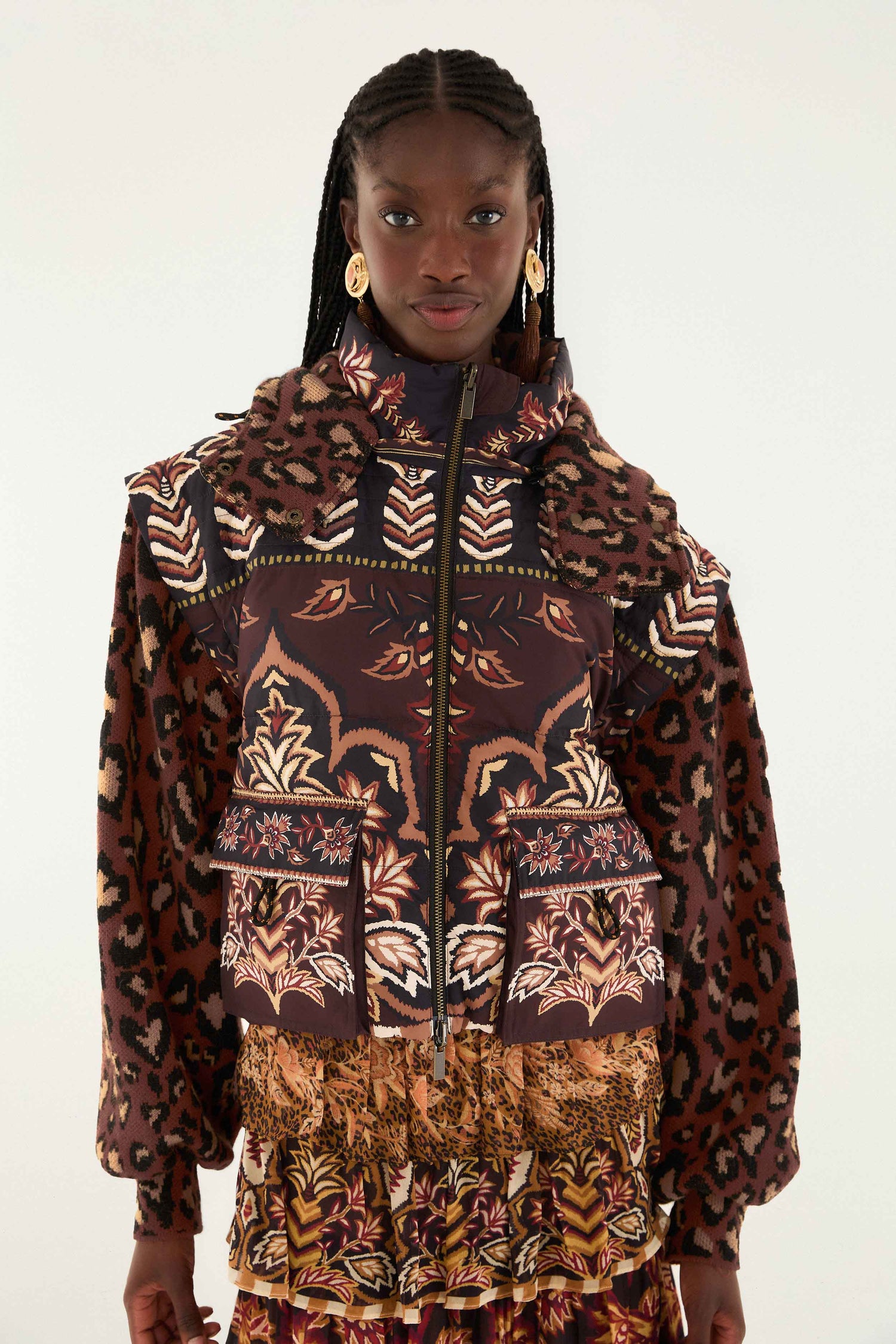 FARM Rio model wearing the Brown Winter Ainika Puffer Jacket