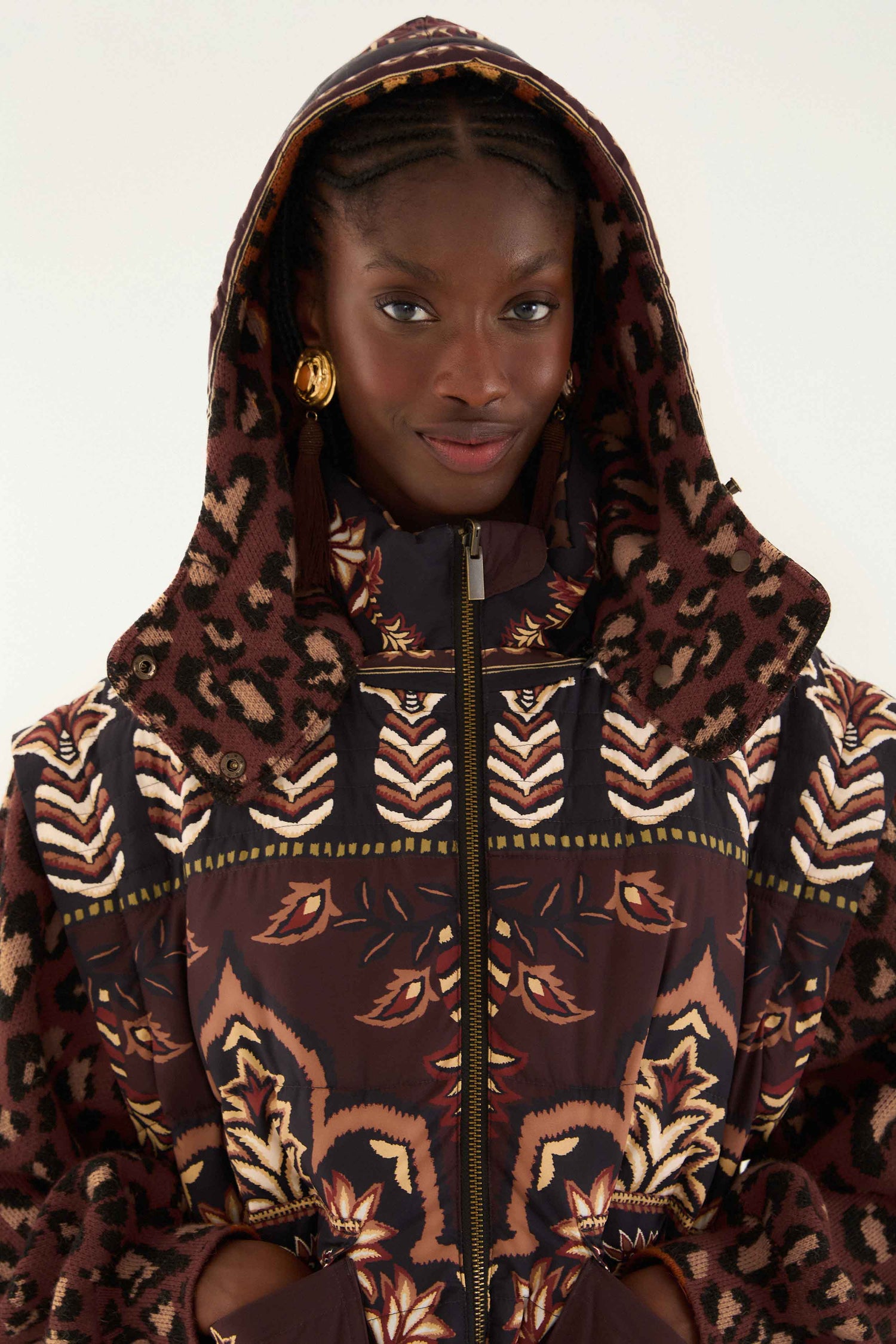 FARM Rio model wearing the Brown Winter Ainika Puffer Jacket