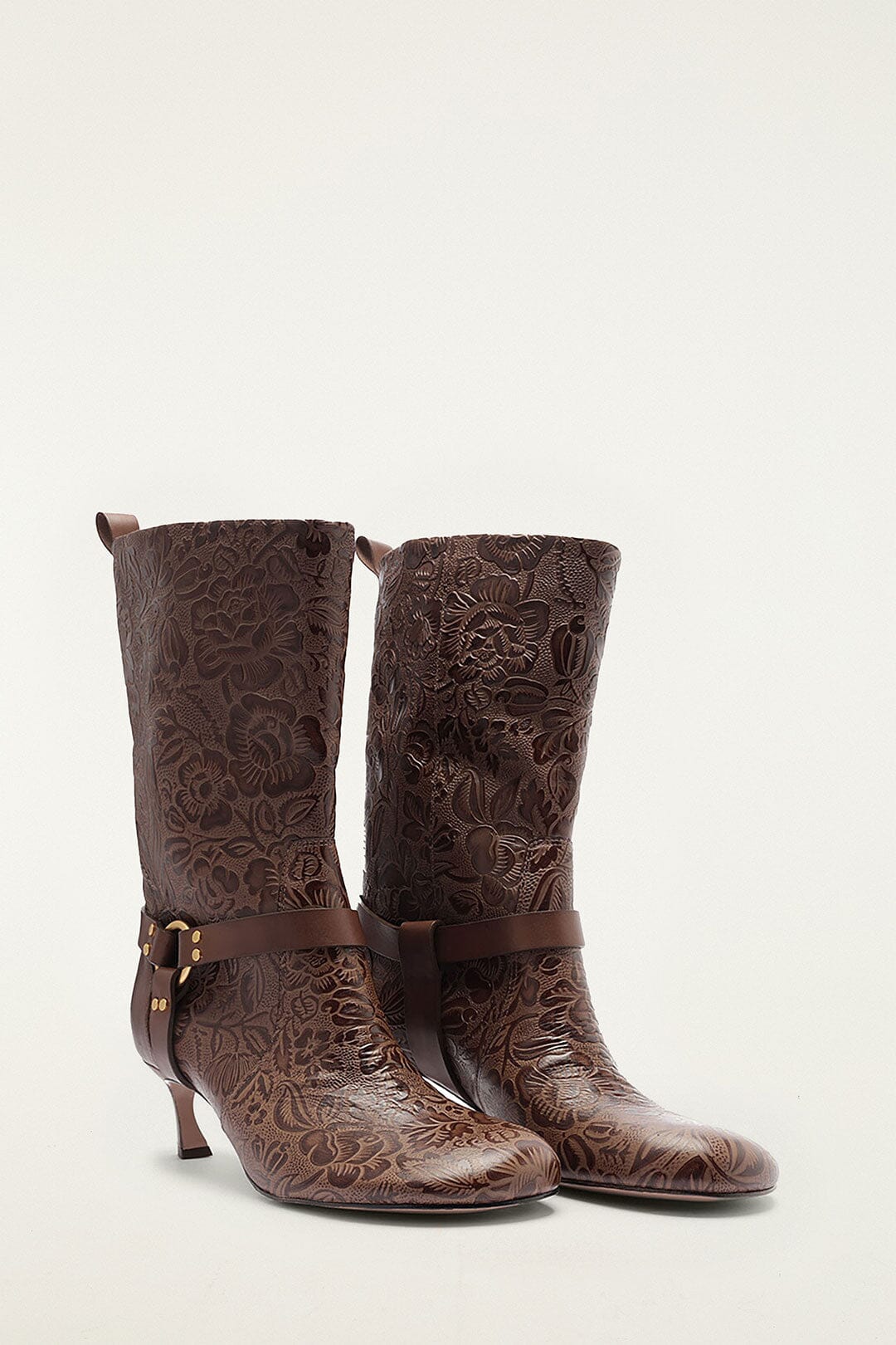 FARM Rio model wearing the Brwon Harness Embossed Boot