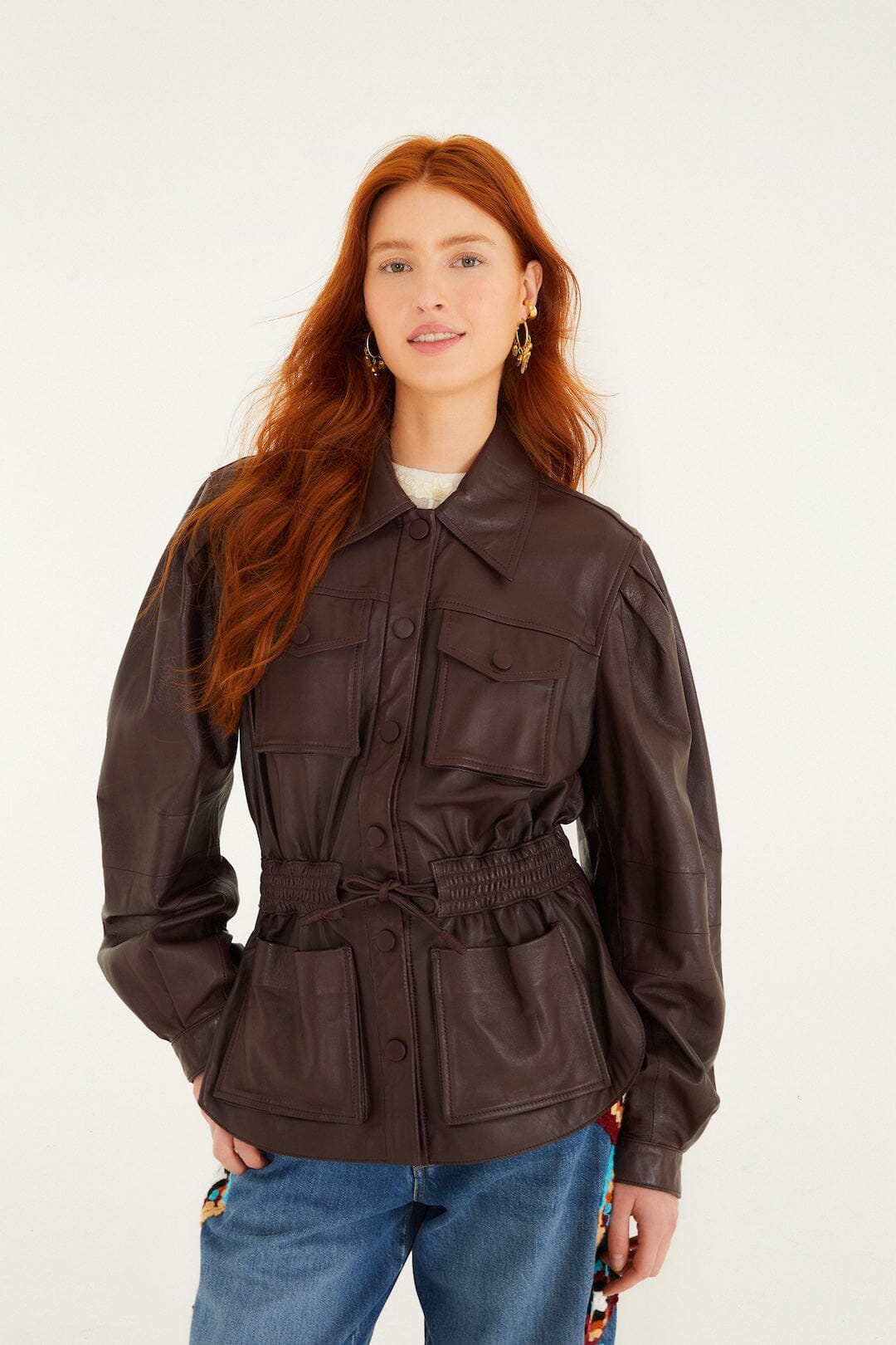 FARM Rio model wearing the Burgundy Drawstring Pockets Leather Parka