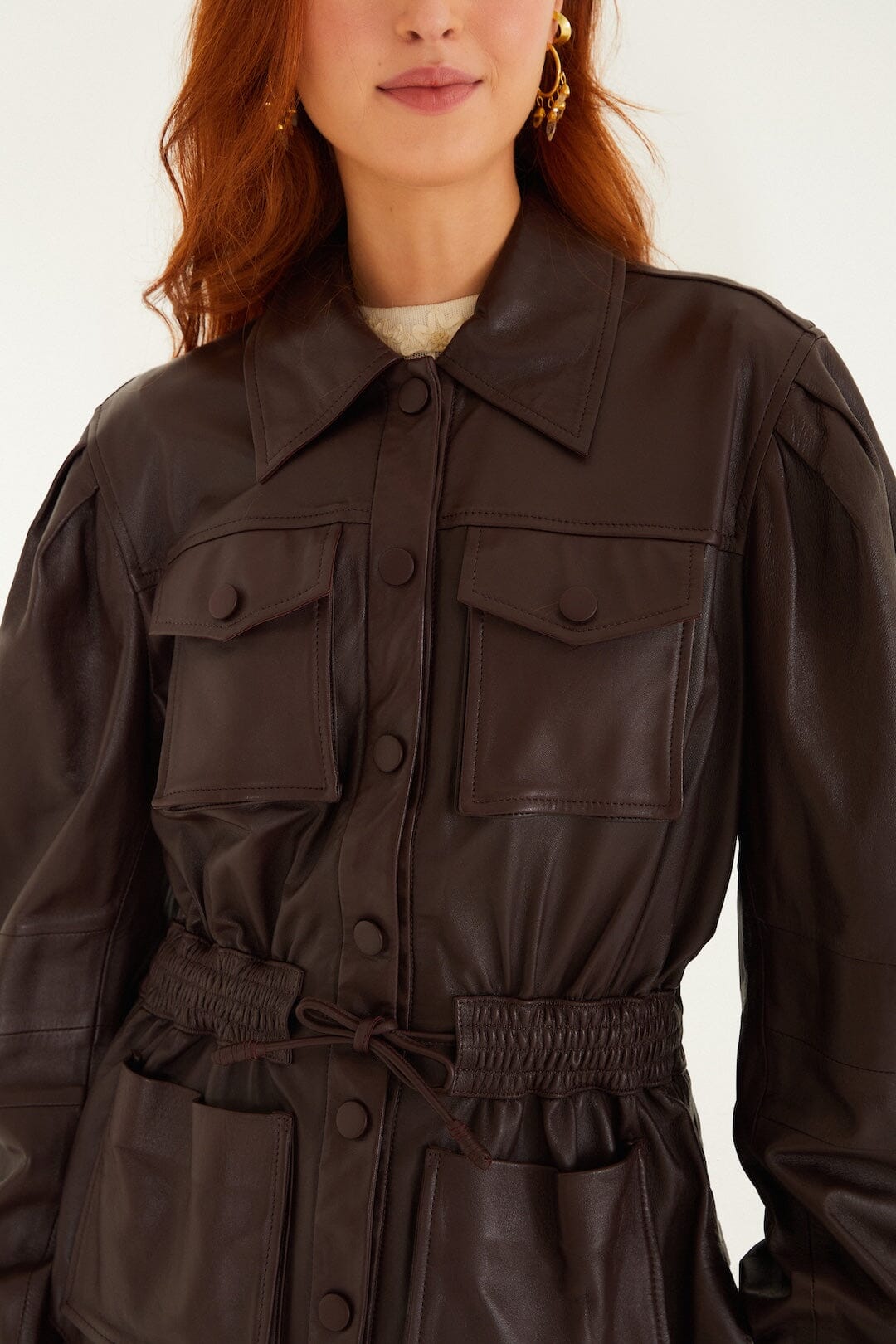 FARM Rio model wearing the Burgundy Drawstring Pockets Leather Parka