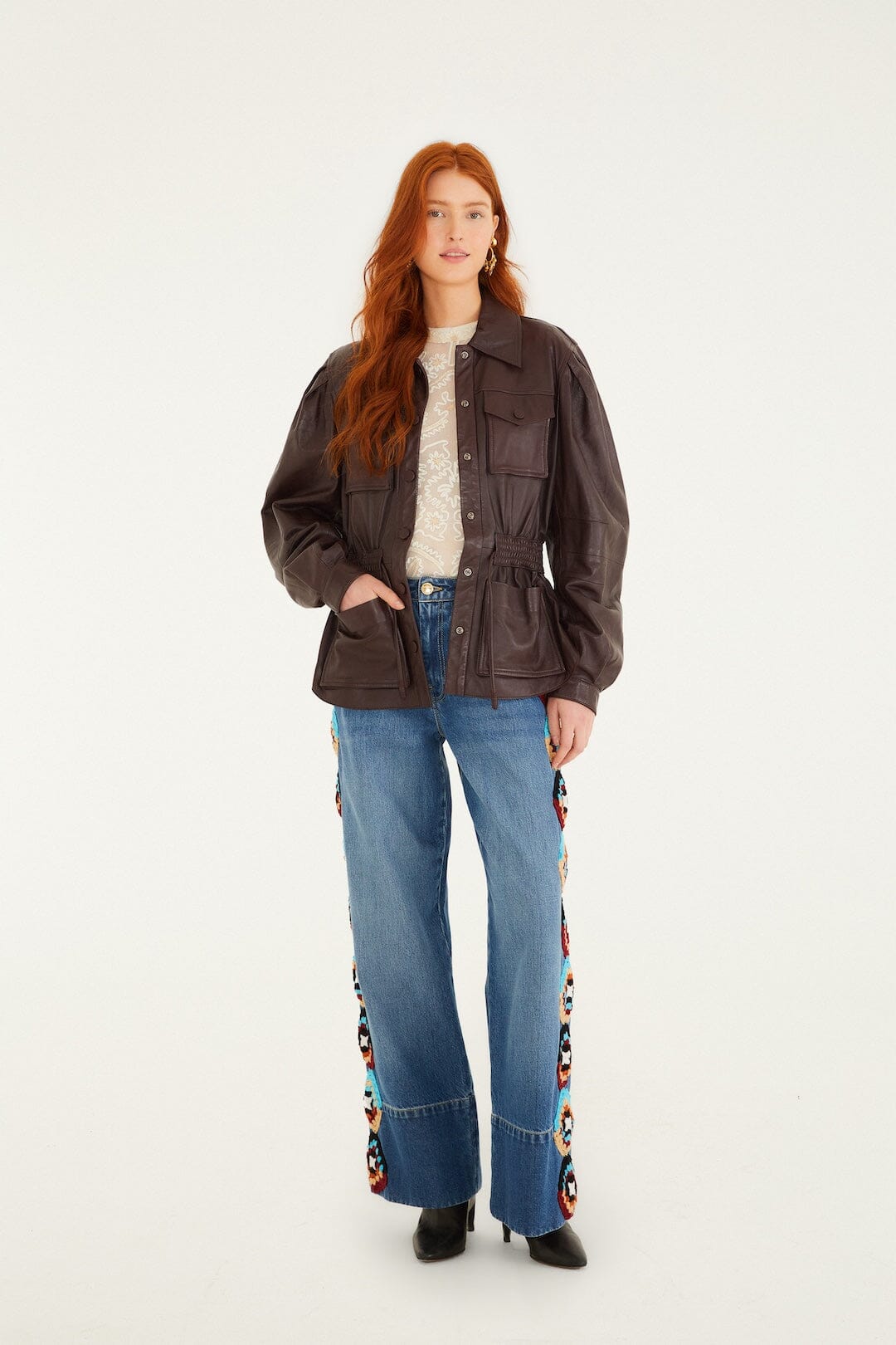 FARM Rio model wearing the Burgundy Drawstring Pockets Leather Parka