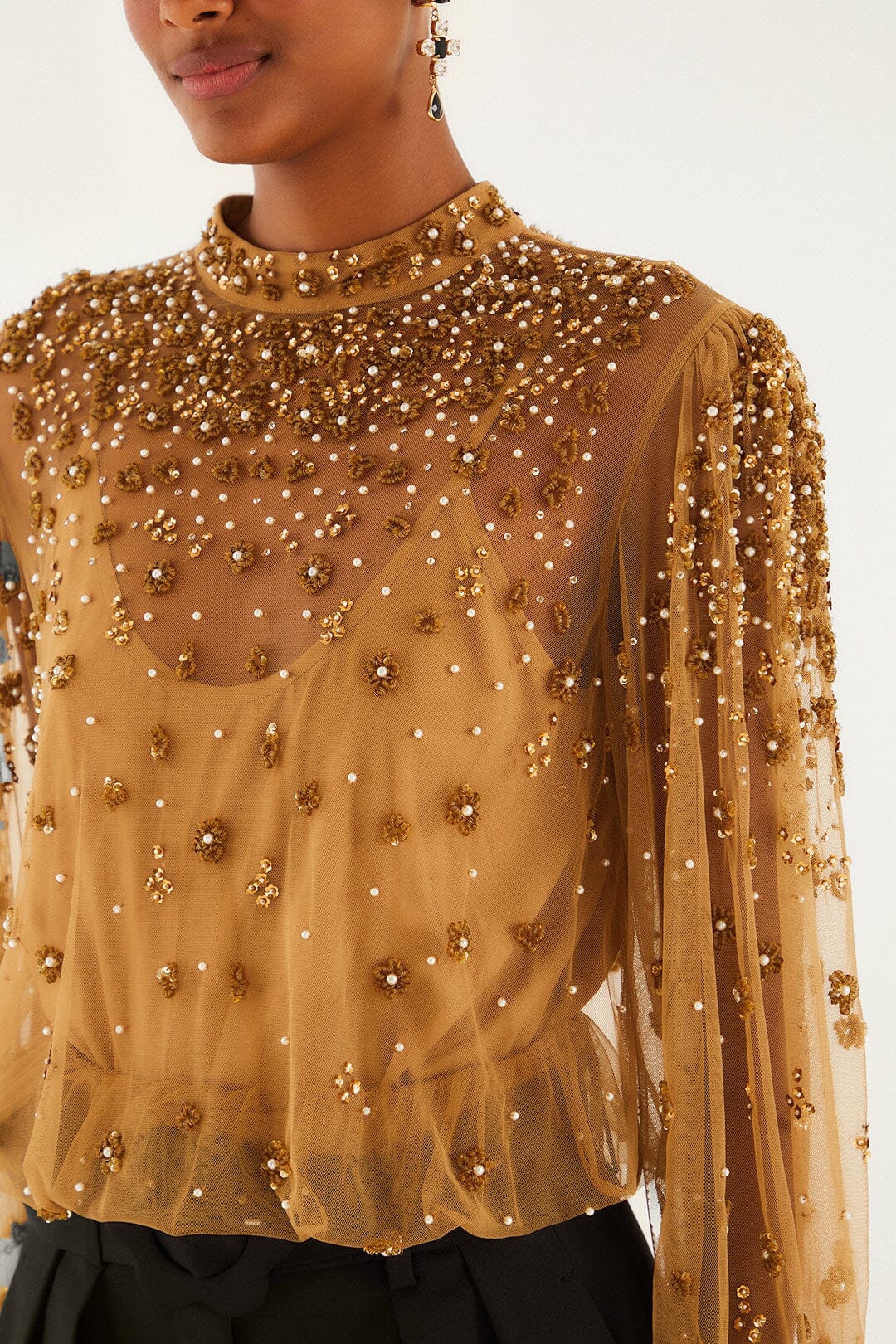 Caramel Embroidered Tulle Lined Blouse