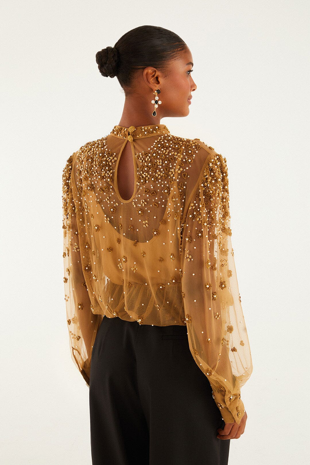 Caramel Embroidered Tulle Lined Blouse
