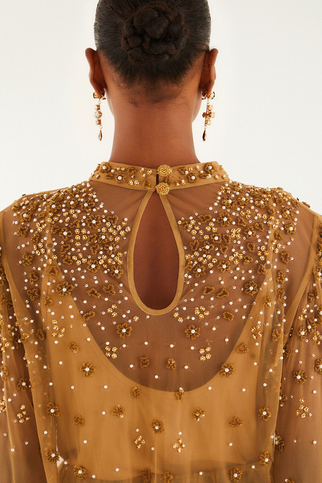 Caramel Embroidered Tulle Lined Blouse