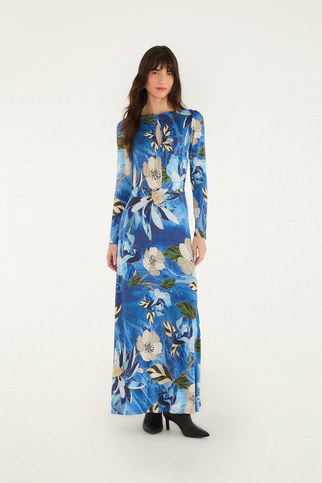 FARM Rio model wearing the Chita Pietra Dura Long Sleeve Maxi Dress