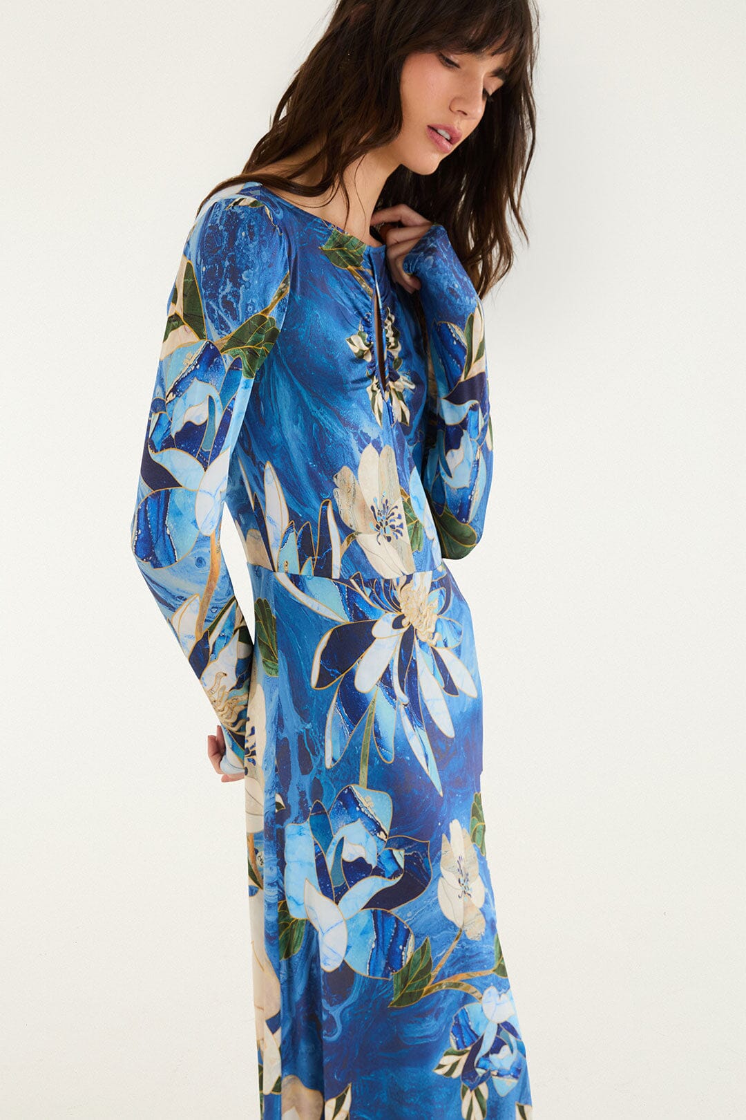 FARM Rio model wearing the Chita Pietra Dura Long Sleeve Maxi Dress
