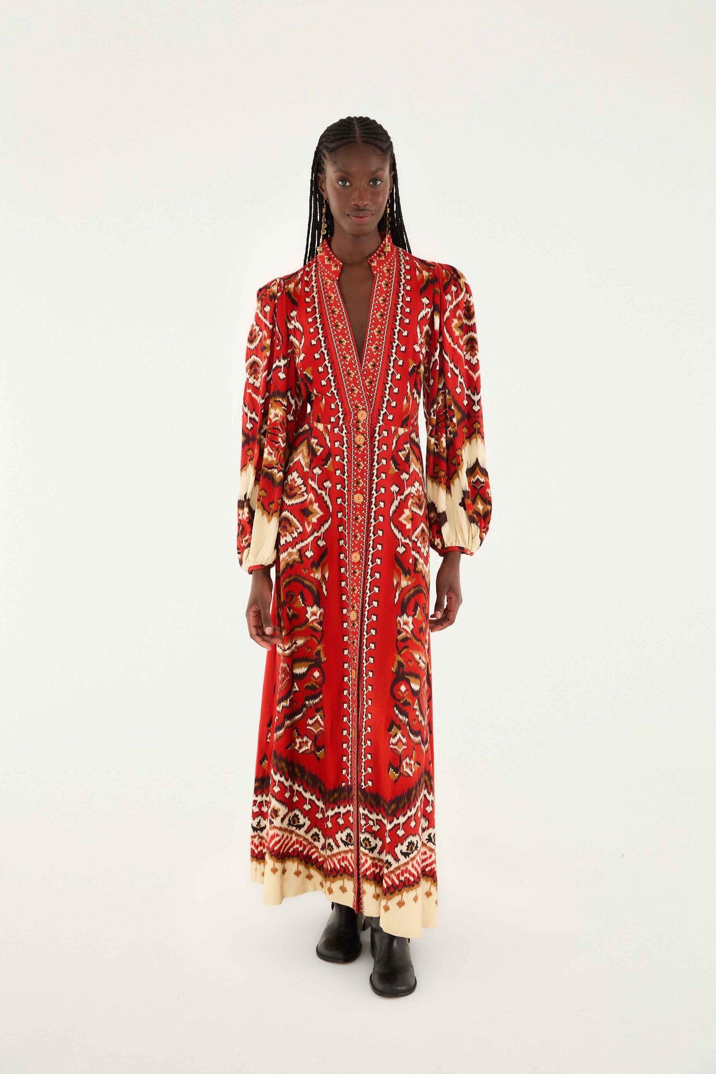 FARM Rio model wearing the Cream Ainika Pineapple Ikat Maxi Dress